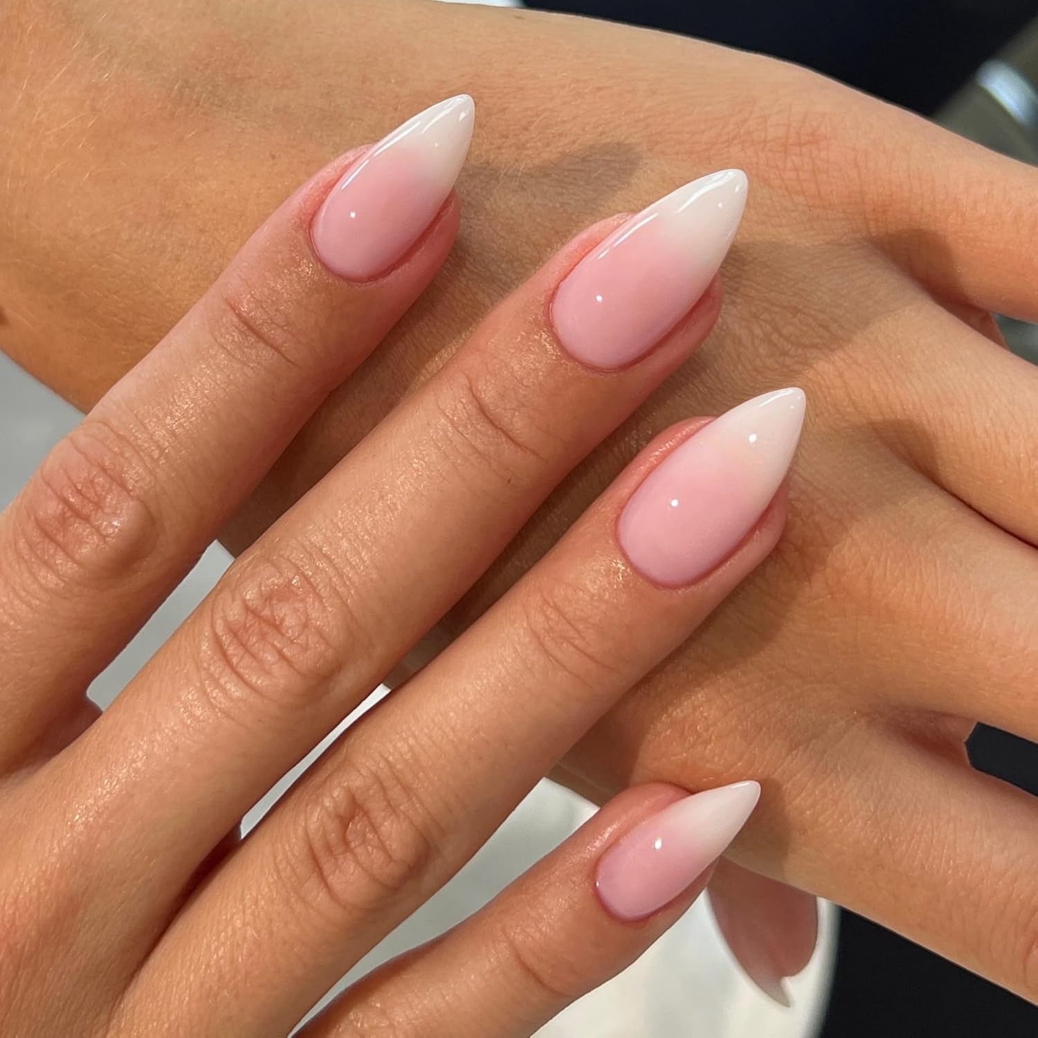 KQueenest Ombre Press on Nails Almond, French Tip False Nails Medium Stiletto, Gradient White Pink Fake Nails Press ons - Image 4