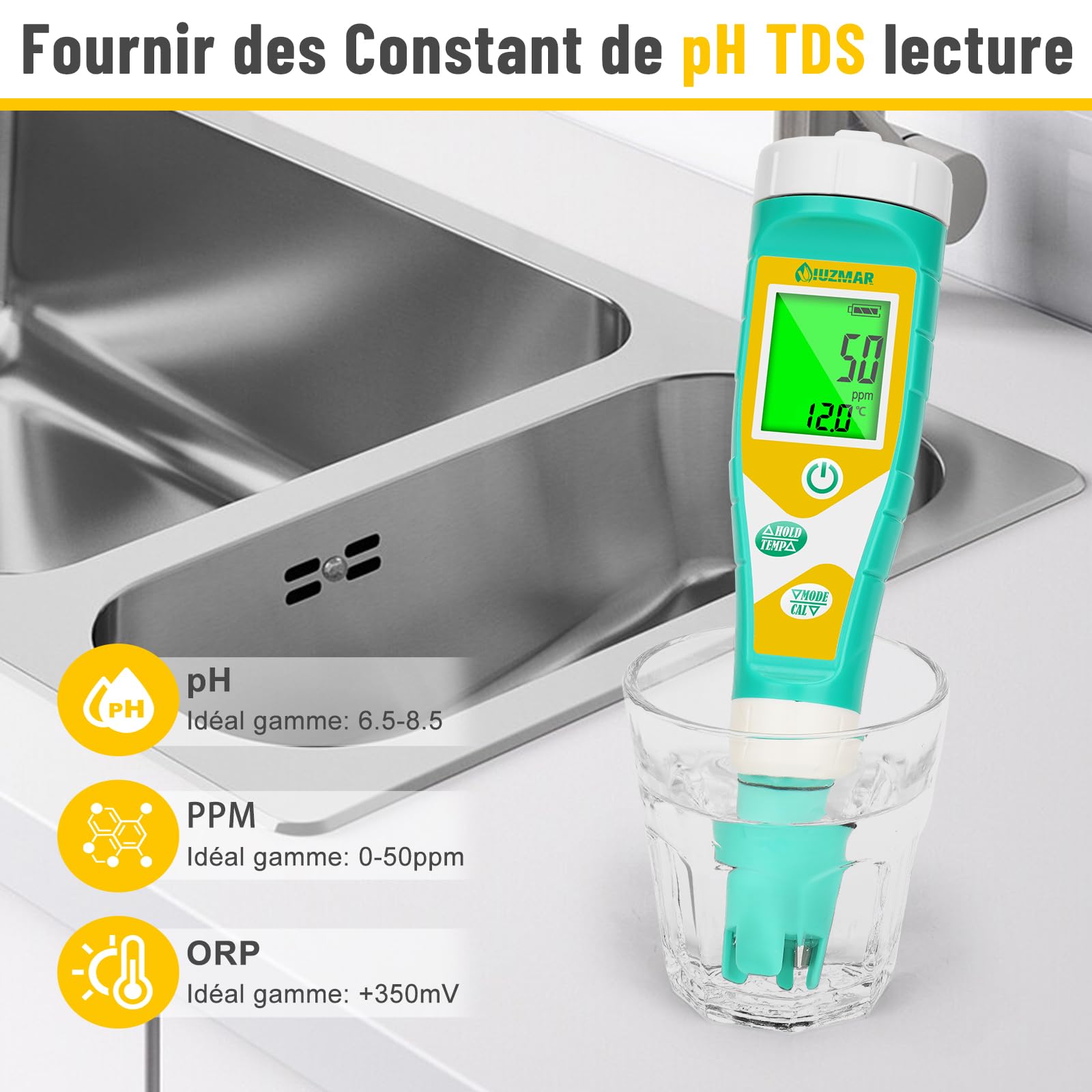 UIUZMAR Testeur de Sel pH Mètre pH ORP Mètre Précis et Constant | 6 en 1 pH, Salinité, ORP, TDS, EC, Temp Testeur de PPM et EC pour L'hydroponie, les Aquariums, les Piscines