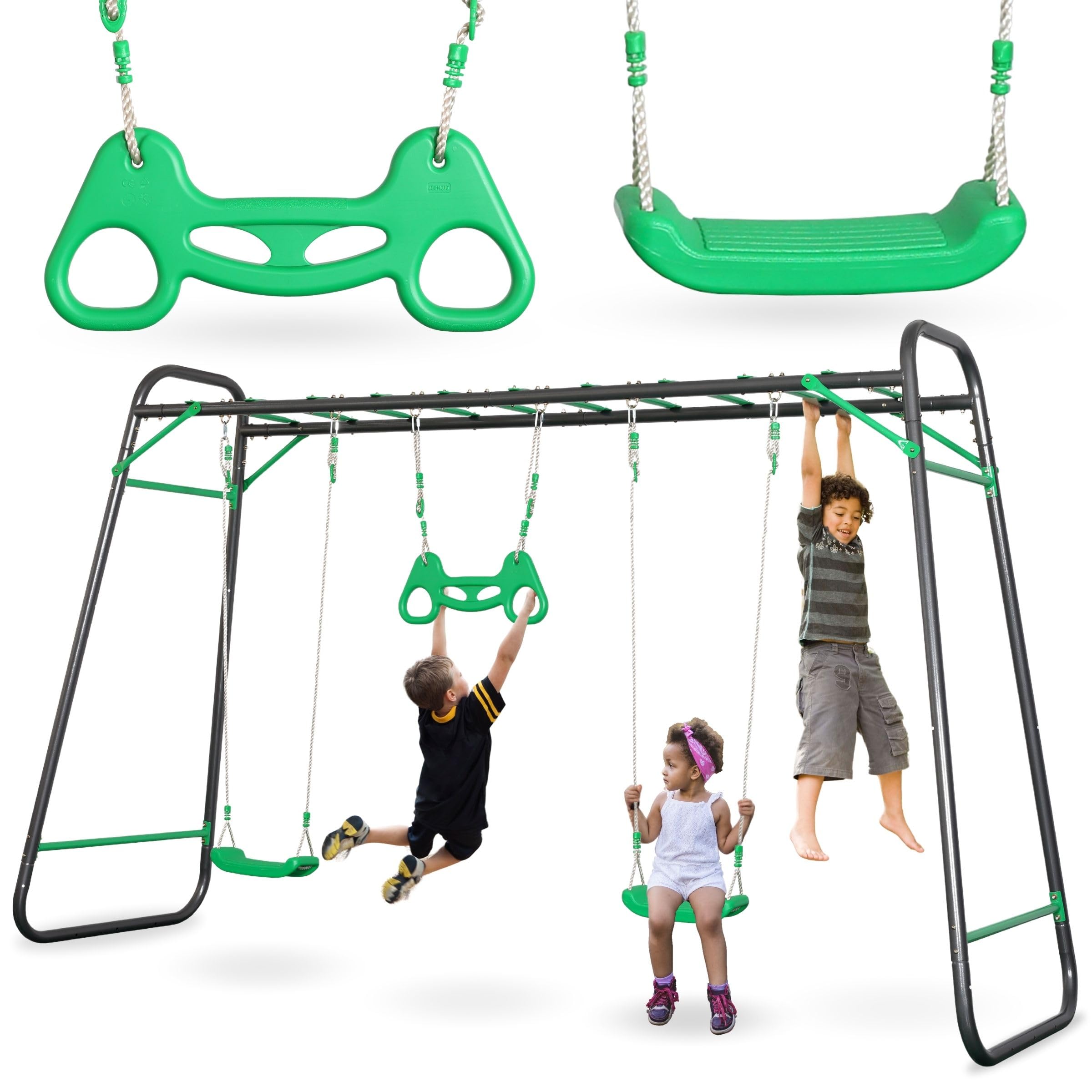 HyperMotion Columpio Infantil XXL con 2 Asientos, Escalera y Trapecio - Estructura de Acero para Jardín, Cuerdas Ajustables, Resistente hasta 150 kg