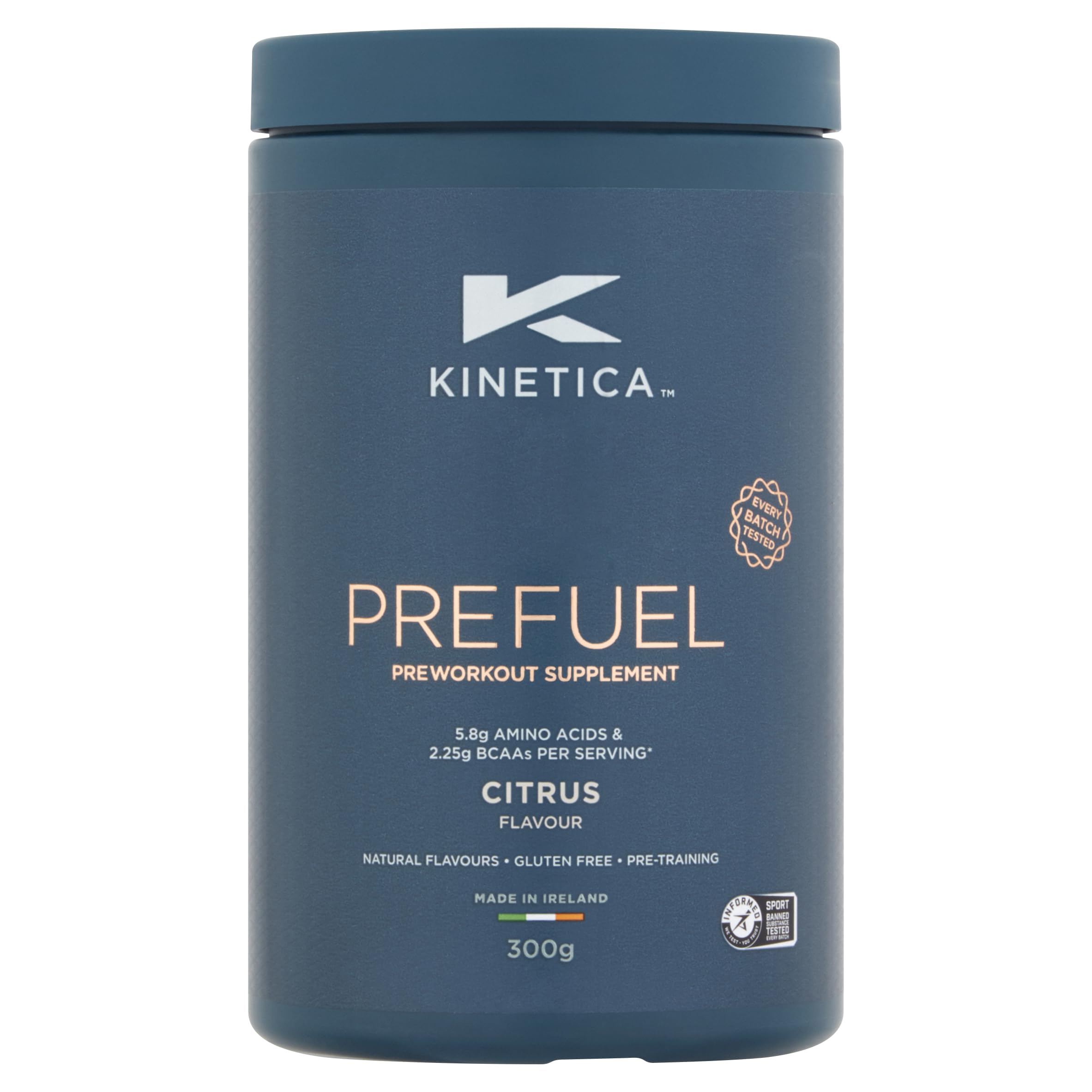 KineticaSports Prefuel Pre Workout -Citrus Flavour | 5.7g Amino Acids Blend, 2.2g BCAA's & 92mg Caffeine/Serve, 30 Servings/300g| With Essential Vitamins, Minerals|Supports Performance & Energy Boost