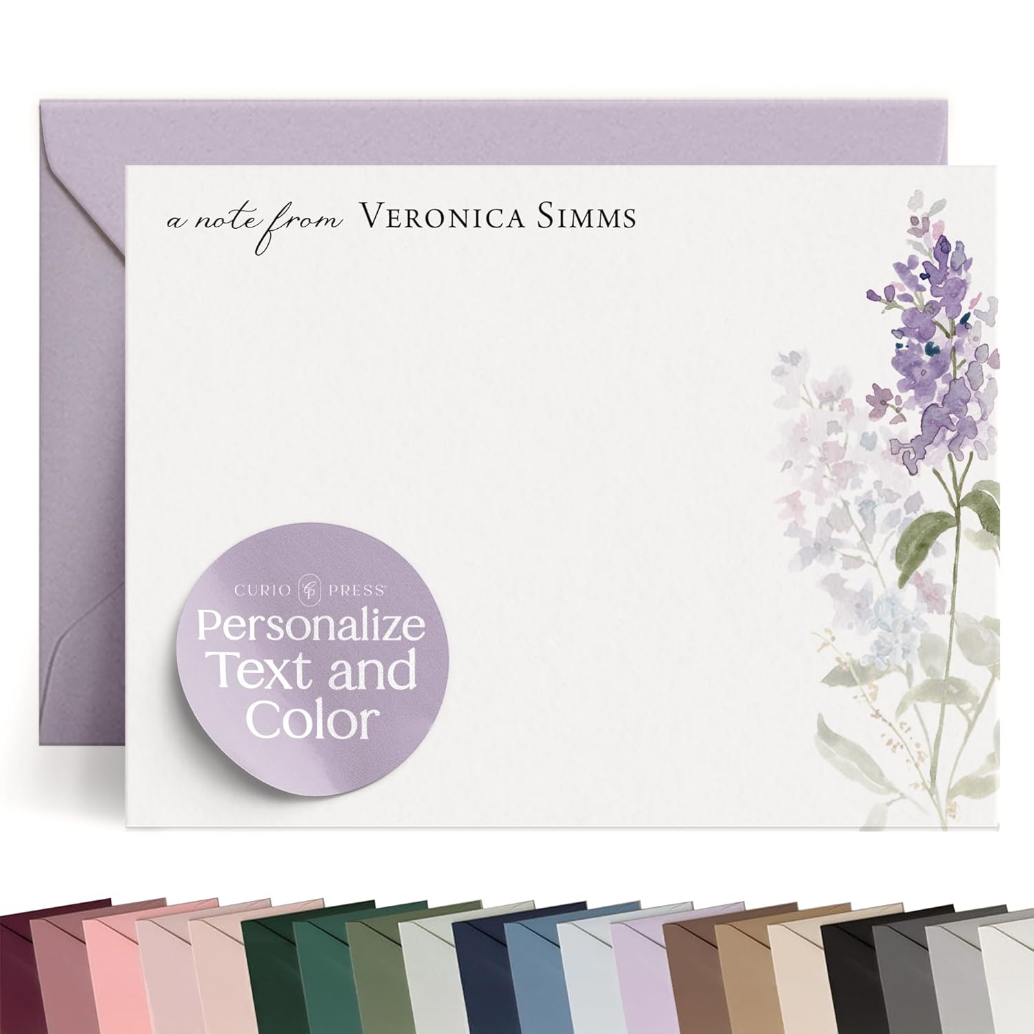 Personalized Stationery for Women Purple Lilac Stationery Set with Name for Women, Floral Flat Note Cards and Envelopes with Lilac Flowers, Notecards For Thank You Notes, Gifts - Lilac Flat Thumbnail