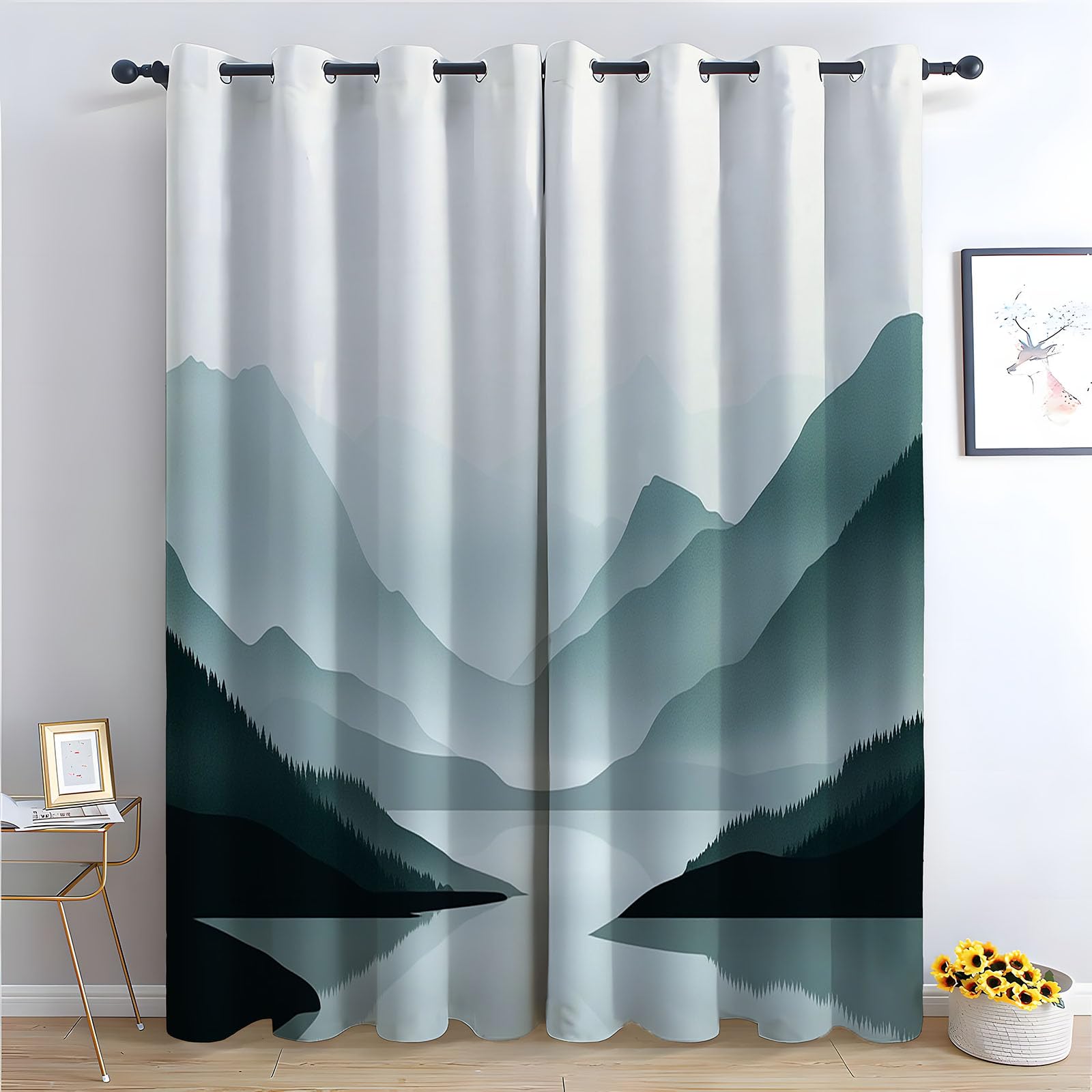 WQBQKKX 80% Blackout Curtains for Bedroom Modern Green Patterned Curtains Vintage Art Deco Drapes Thermal Insulated Room Darkening Curtain-52 W x 108" L (Pack of 2)