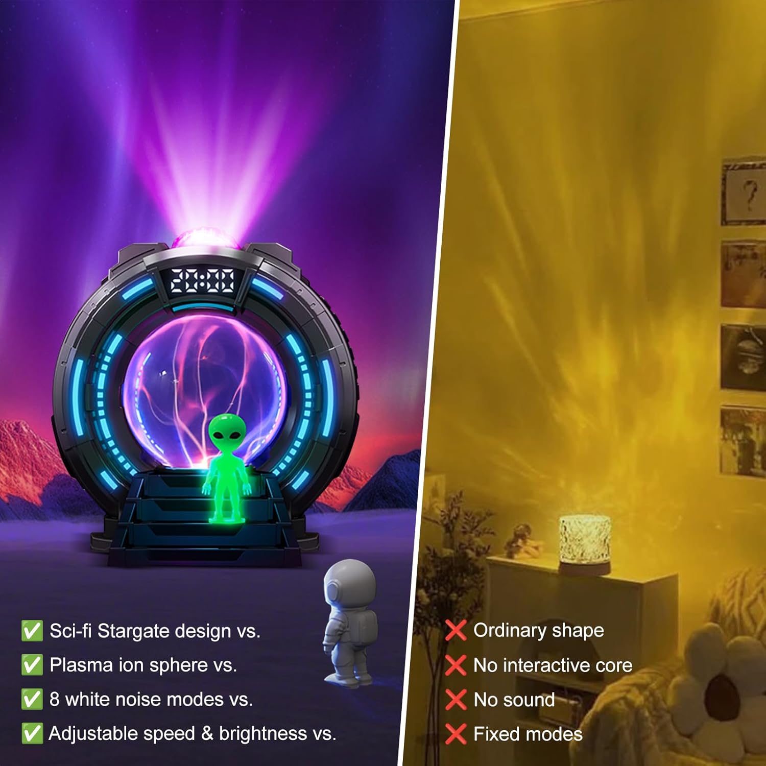 Aurora & Galaxy Stargate Projection Lamp with Plasma Sphere – 8 Color Modes, Adjustable Speed & Brightness, White Noise, Dual Timers, Independent Lights – Sci-Fi Night Light for Bedroom, Gaming, Gifts