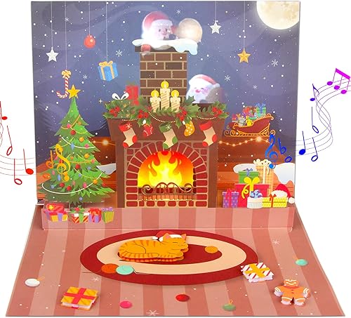 Tarjetas de Navidad con proyecciones animadas de Papá Noel, 3D Pop Up Christmas Gift Tarjetas de felicitación con música y luces, reproducción de