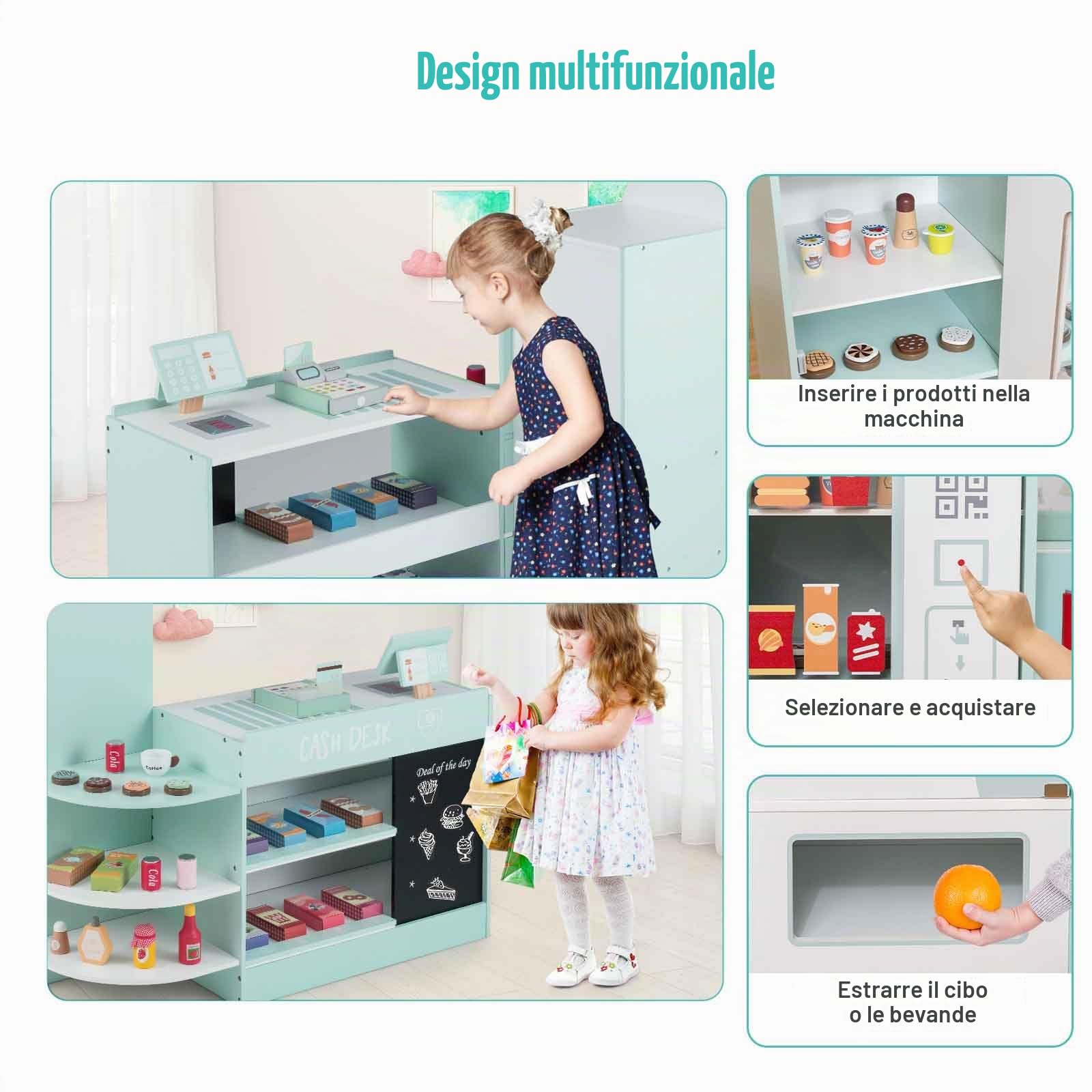 HOMASIS Supermercato Giocattolo per Bambini, Registratore Cassa Bambini in Legno, Cassa Giocattolo per Bambini con Distributore Automatico, per Bambini dai 3 agli 8 Anni (Modello 1, Verde)