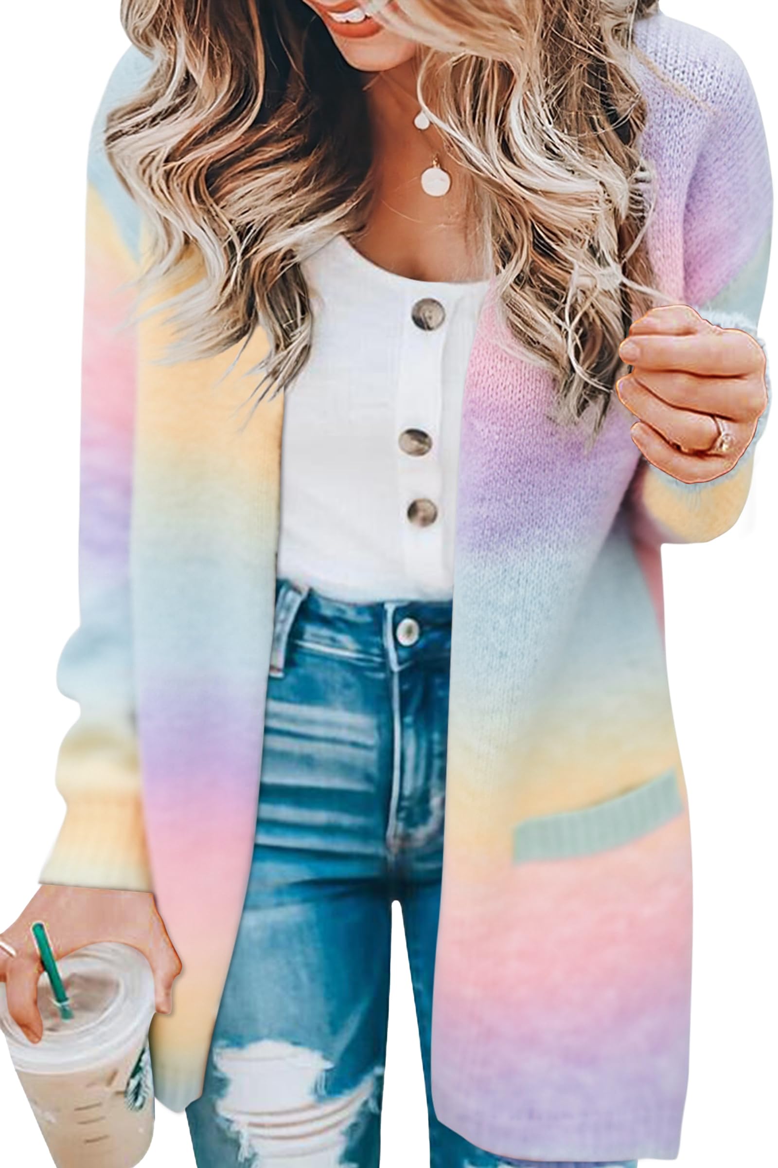 ECOWISH Cardigan Sweaters for Women Fall Causal Color Block Striped Long Sleeve Open Front Cozy Knitted Coats Spring