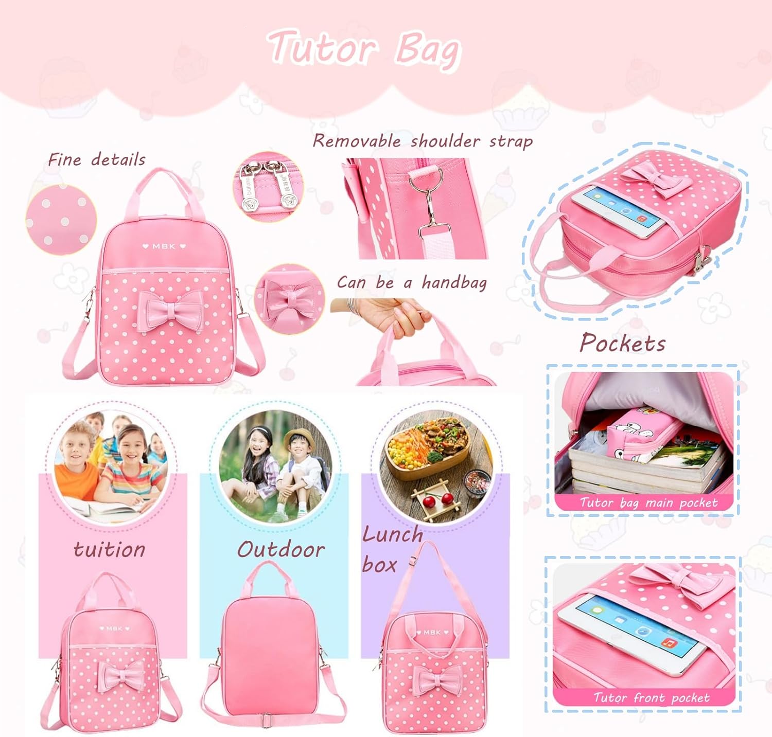 Girls Rolling Backpack Set Cute Bowknot Kids Schoolbag with Wheels Trolly BookBag for School-2 Wheels - Image 6