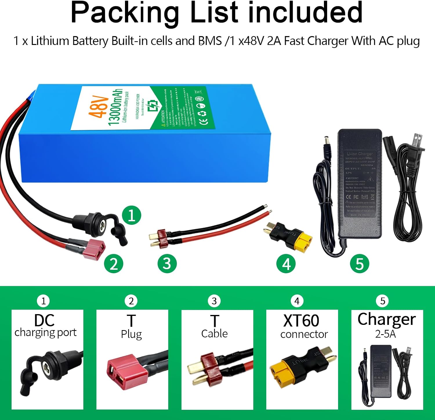 48V13Ah Universal Power Pack Battery,13Ah/15Ah/20Ah Battery with 30A BMS for 200-1000W Systems, XT60/T-Plug Adpater (48V 13AH)