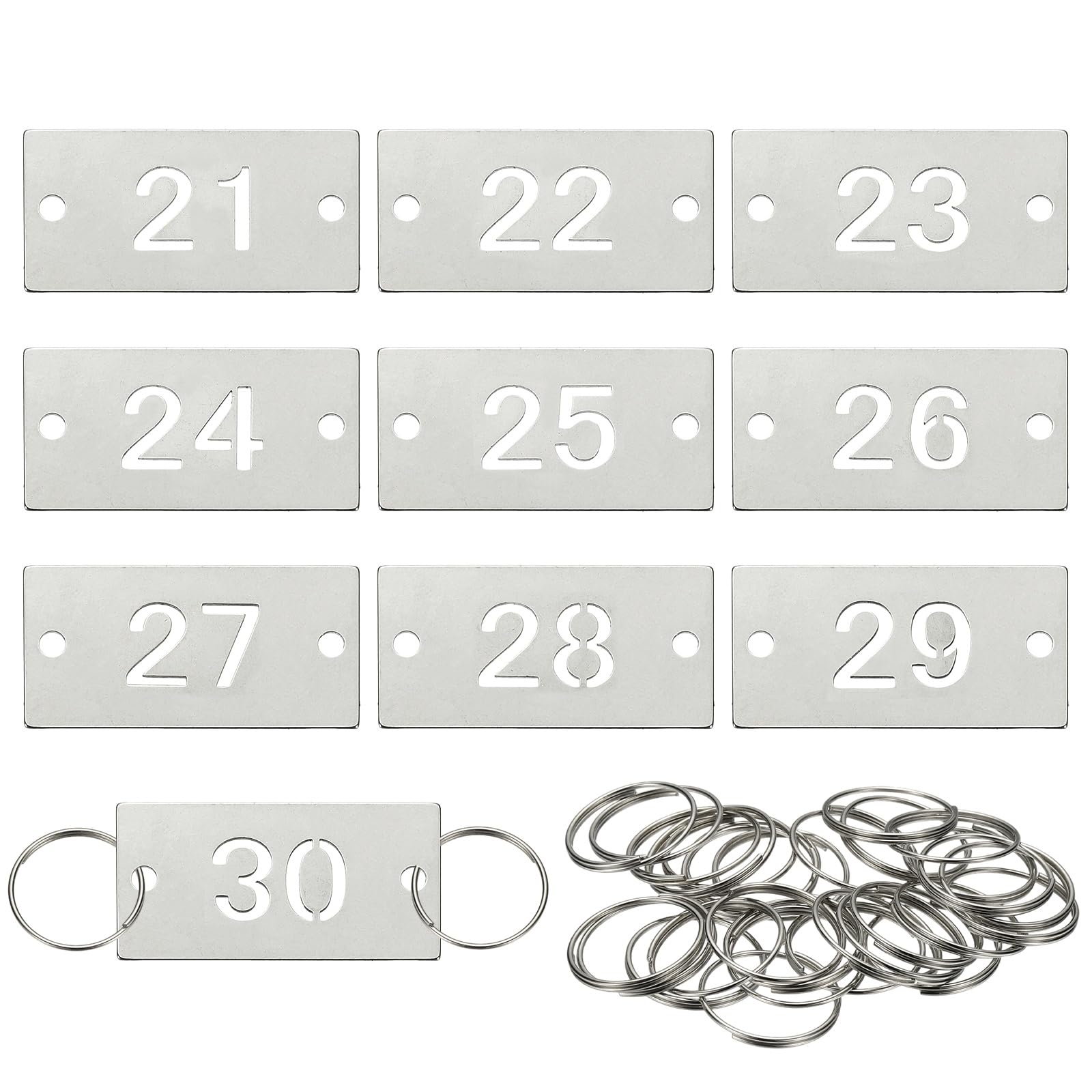 PATIKIL 10PCS Number Tags 21-30, Number Key Tags Stainless Steel Numbered Keychain Metal Sheet Plate with 2 Holes Key Rings for Plant Organizer Field Hangers Labels, Rectangle, Silver