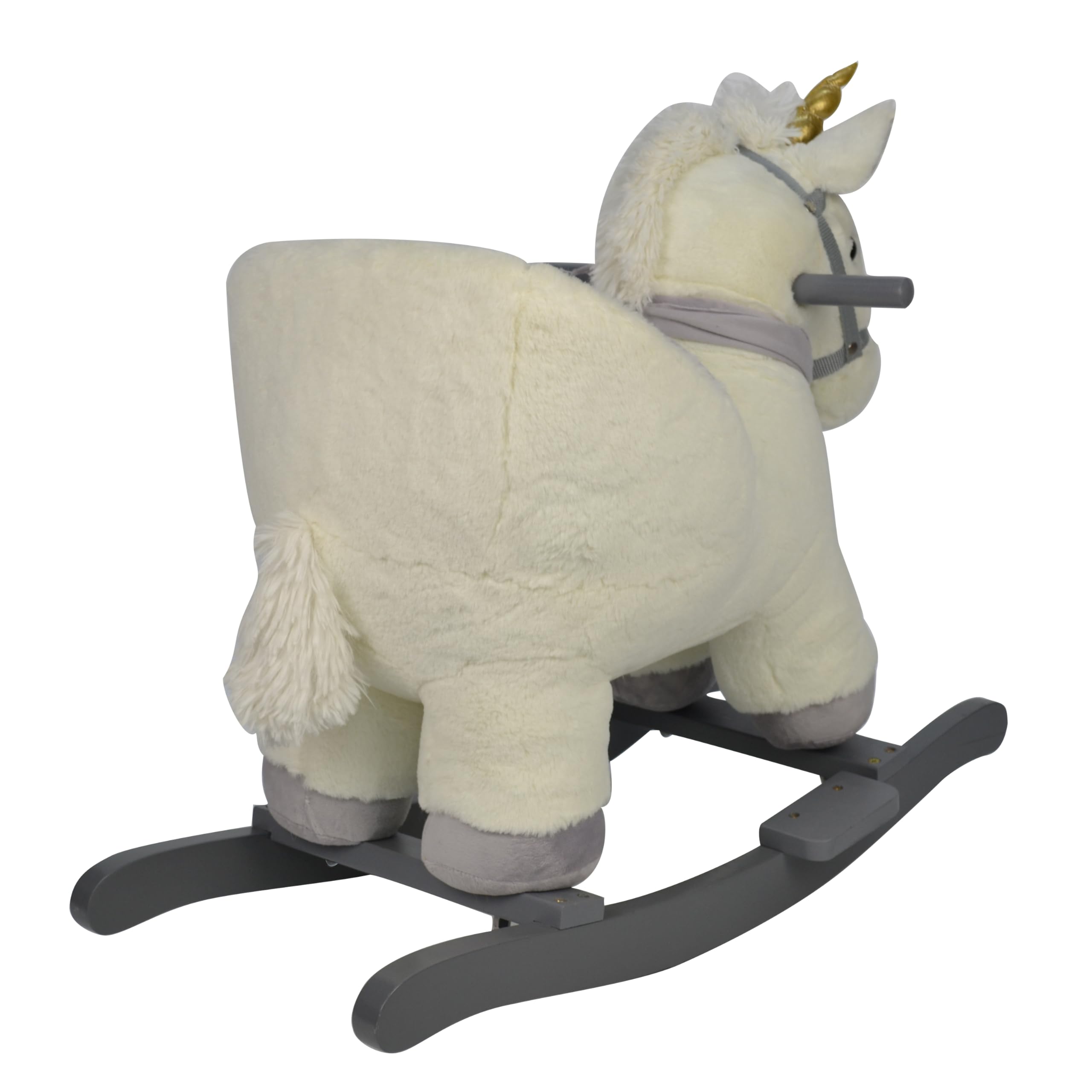 Cavallo a Dondolo Unicorno per Bambini da 18 a 36 Mesi Cavalcabile in Legno e Peluche con Suoni e Cintura di Sicurezza
