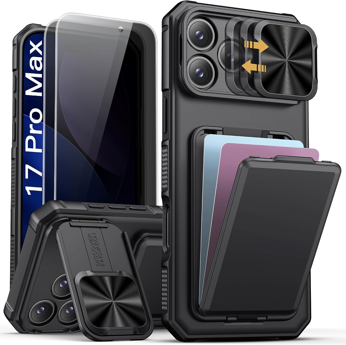 SSLOTSCASE for iPhone 17 Pro Max Case with Privacy Screen Protector, Black | Card Holder & Sliding Camera Lens Cover & Kickstand, Military-Grade Heavy Duty Phone Case Cover for iPhone 17 Pro Max 6.9"