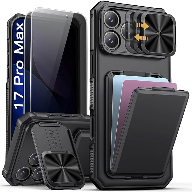 SSLOTSCASE for iPhone 17 Pro Max Case with 2X Privacy Screen Protector Card Holder Sliding Lens Cover Kickstand