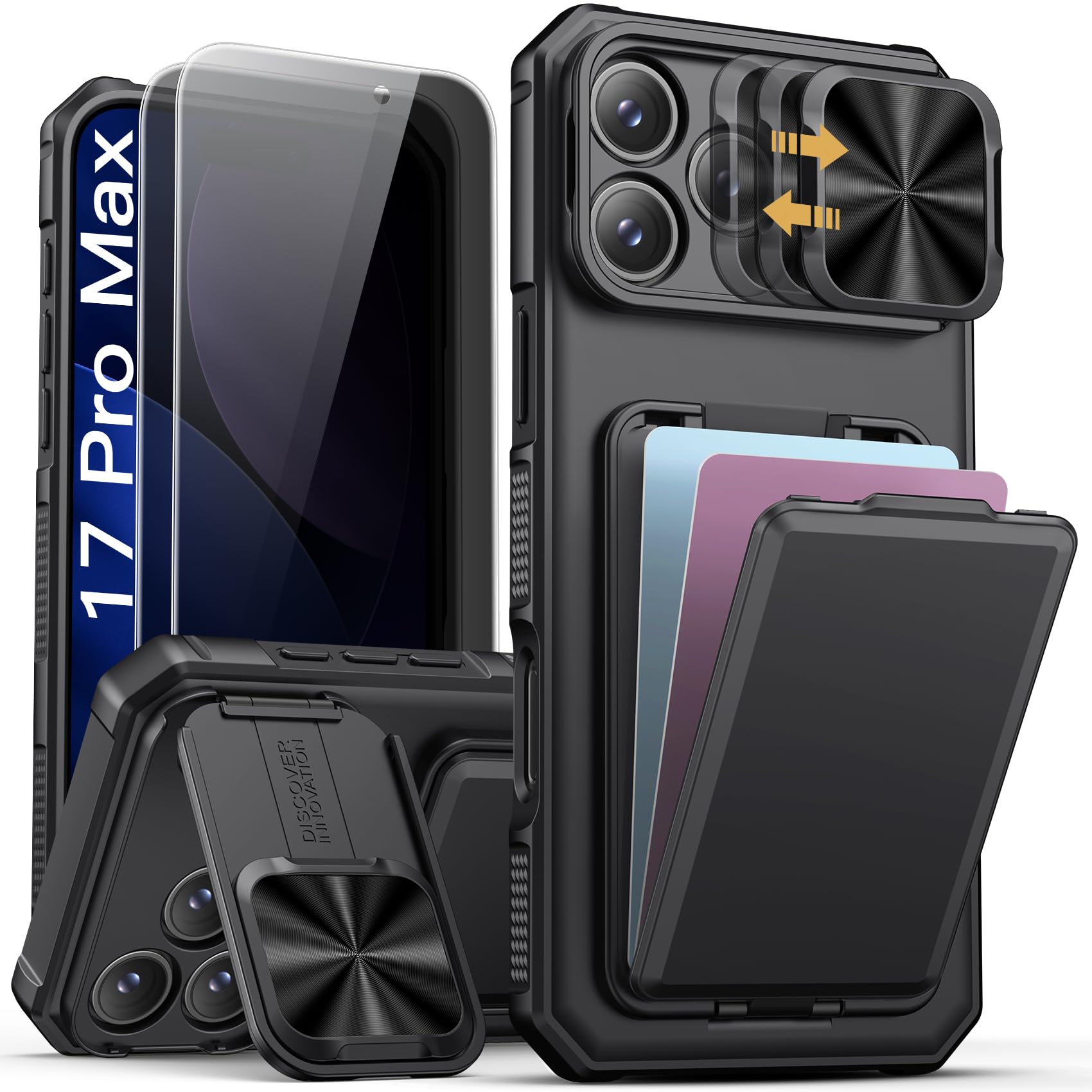 SSLOTSCASE for iPhone 17 Pro Max Case with 2X Privacy Screen Protector Card Holder Sliding Lens Cover Kickstand