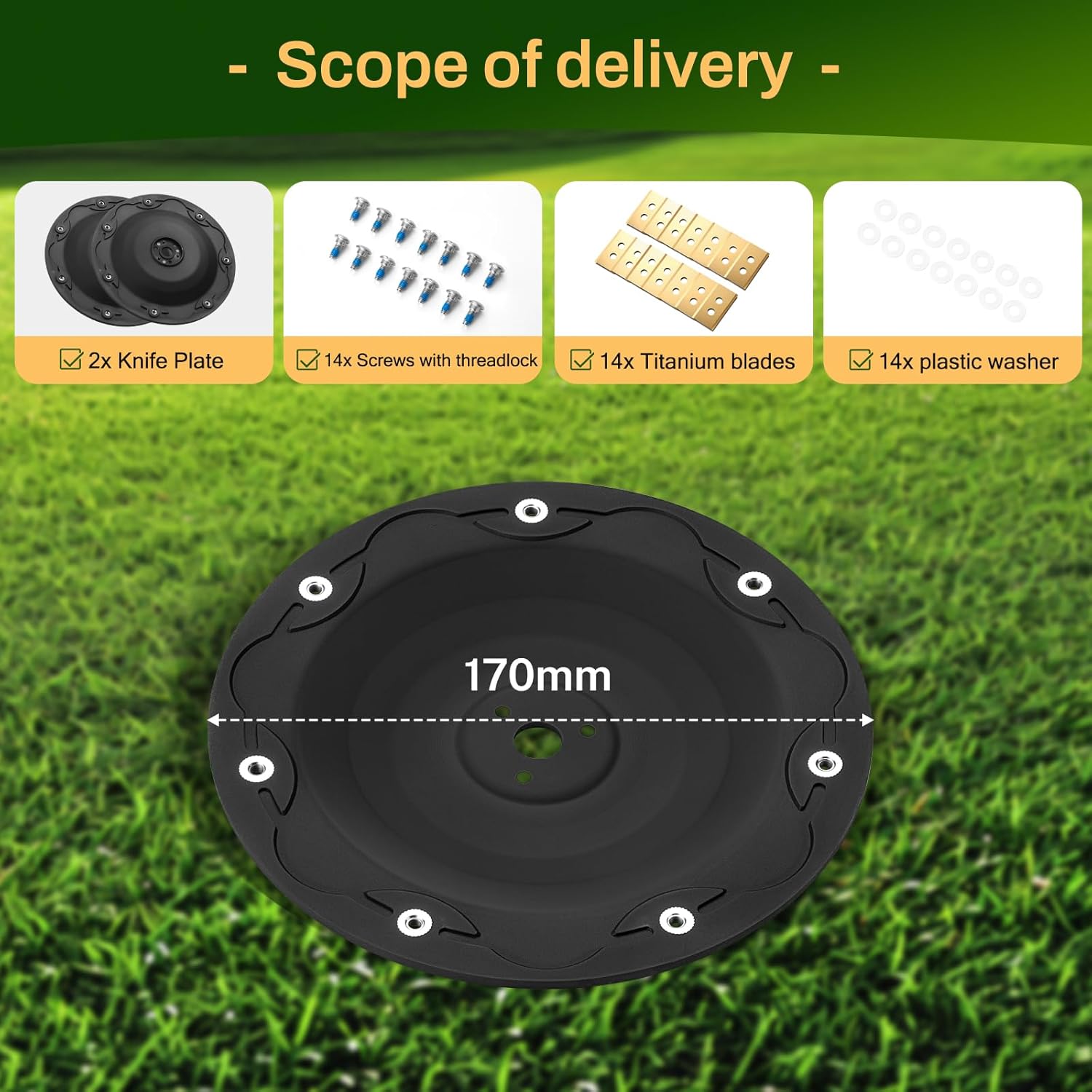 FourShow [Upgrade] 2Pcs Blade Discs + 14Pcs Blades Compatible with Mammotion LUBA 1 AWD and LUBA 2 AWD (up to Model Year 2024), Robotic Lawn Mower Blade Disc