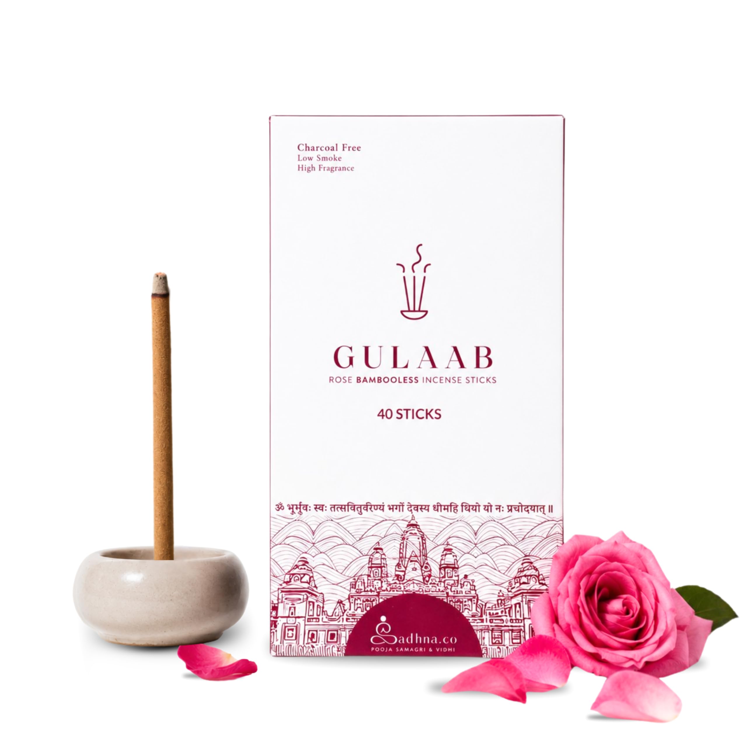 Sadhna.co Rose (Gulab) Bambooless Incense Sticks for Home & Pooja (40 Sticks) | Fresh Floral Natural Agarbatti | Chemical-Free Smokeless Dhoop Sticks for Aarti, Meditation & Aromatherapy