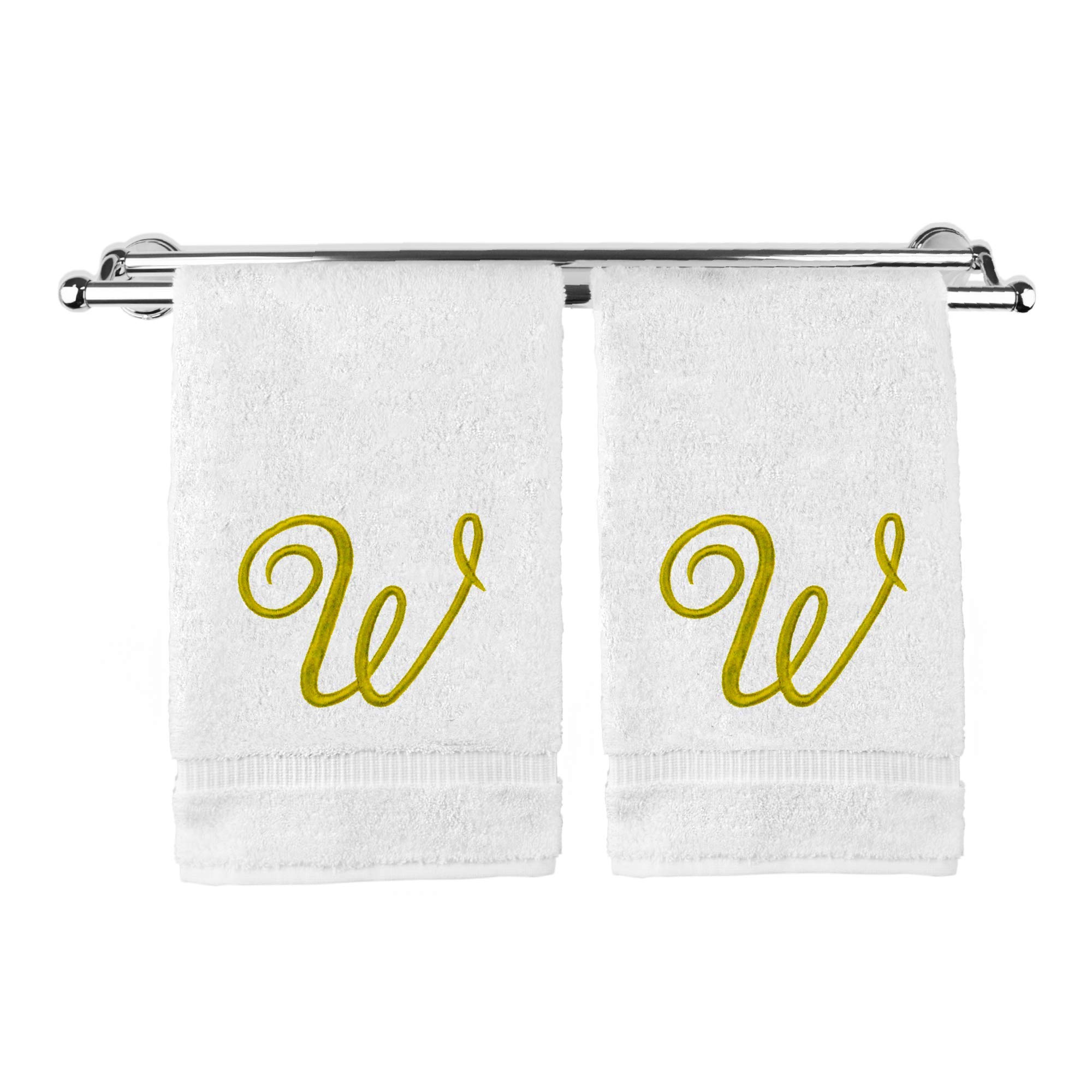 Toalla de Mano con Monograma, Regalo Personalizado, 16 x 30 Pulgadas, Juego de 2 Toallas Bordadas Doradas, 100% algodón Turco, Acabado de Rizo Suave, para baño, Cocina y SPA, con Texto en inglés W