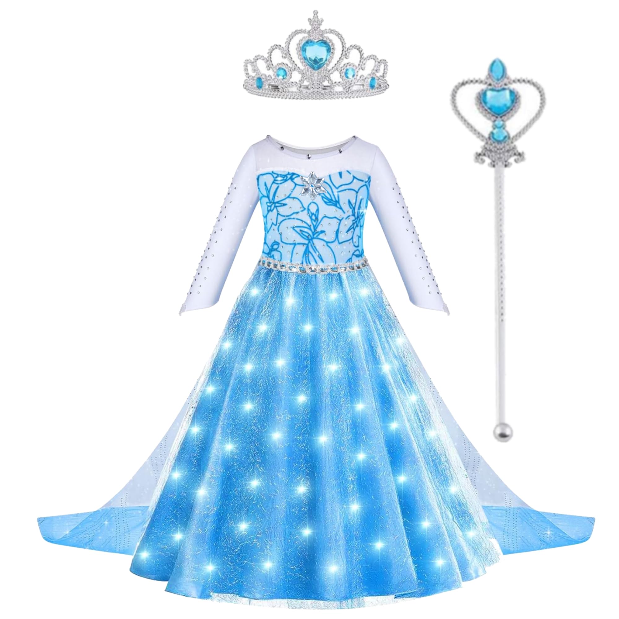Sincere Party Classic Light Up Princess Dress with Tulle Cape,Wand,Tiara Perfect for World Book Day,Xmas Gift for Girls 7-8 years