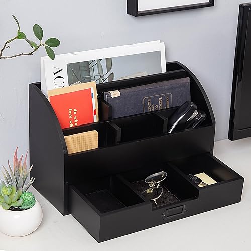 Miniatura 5 de canwedance Organizador de escritorio de oficina de madera rústica envejecida, 5 compartimentos con 2 cajones y mostrador, estante de correo de