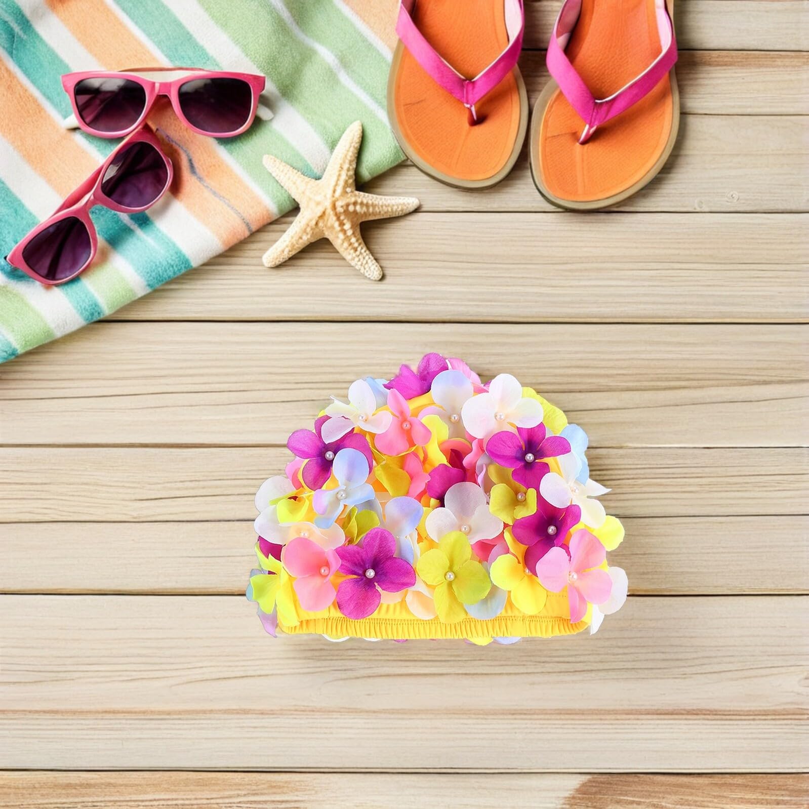 Cuffia Piscina Donna Fiori Festa Estiva 3 Pezzi in Chinlon | Petali dal Design Retrò, Vestibilità Comoda per Chioma Lunghi, e Minore Resistenza in Acqua