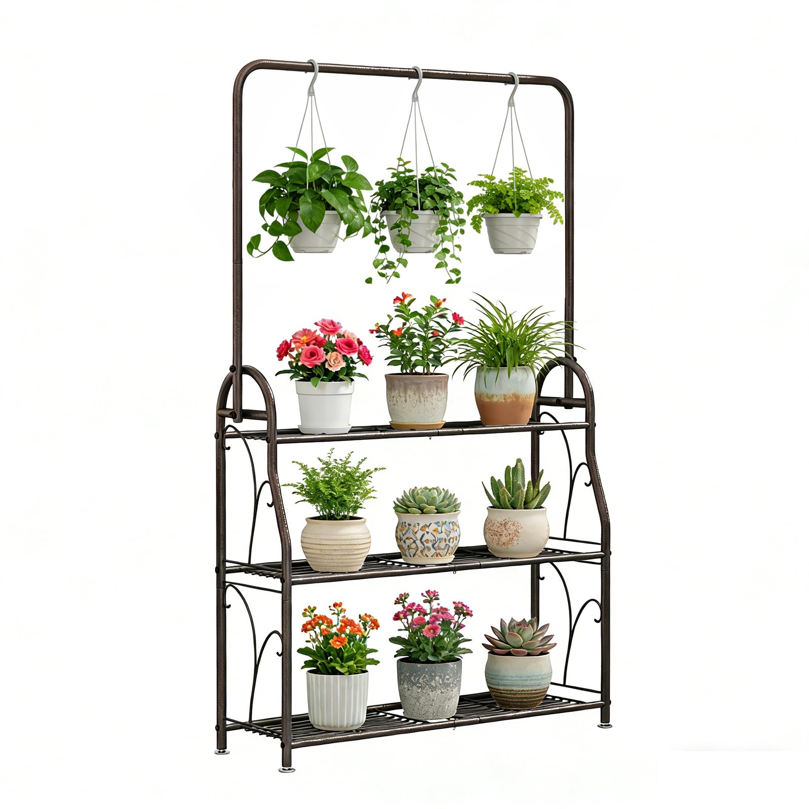 SORCEDAS Plant Stand Indoor Outdoor 3 Tier Tall Corner Hanging Shelf Metal Flower Stands Ladder Holder for Living Room Balcony Garden Patio Multiple Plants, Bronze