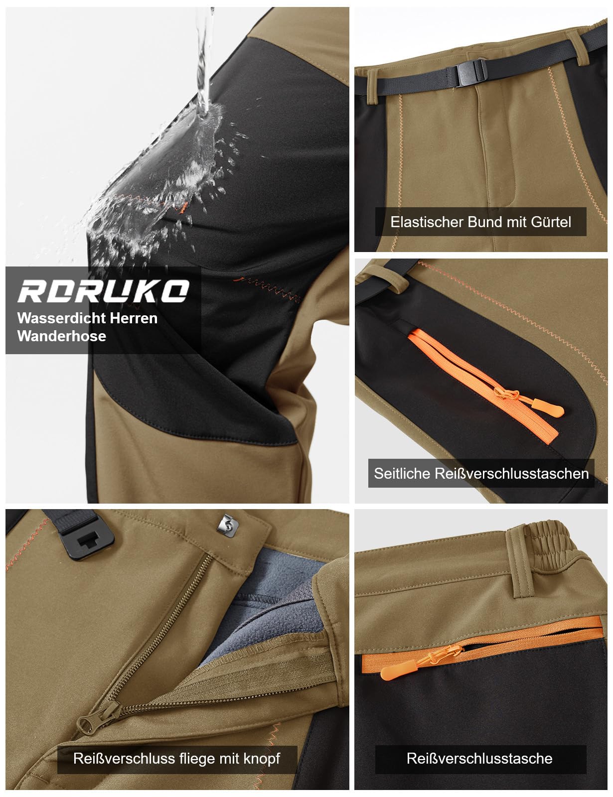 Rdruko Pantalon de ski pour homme - Imperméable - En softshell - Coupe-vent - Pantalon de randonnée - Doublure thermique - Avec poches