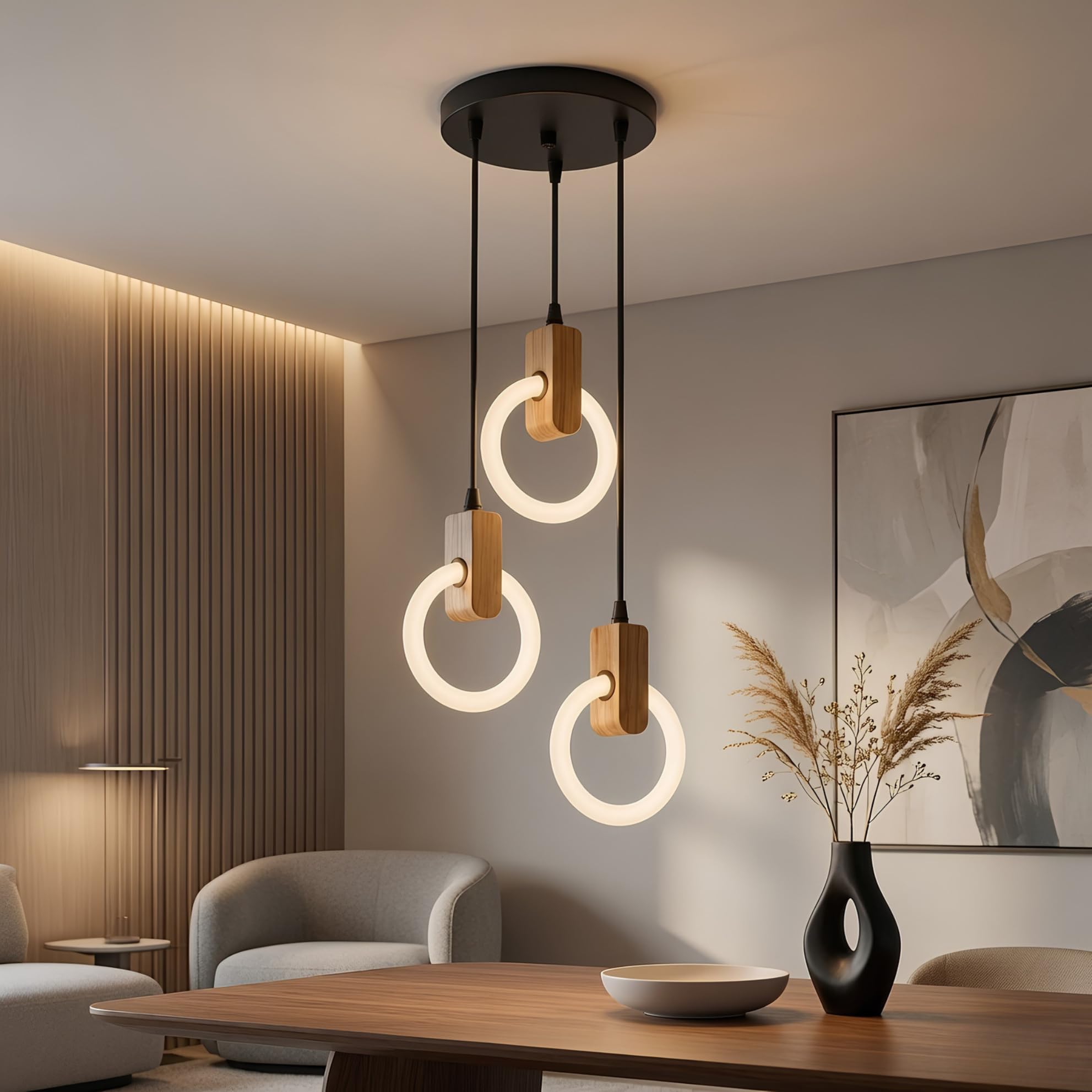 Lunaris Orrbit LED Chandelier 3 Ring Pendant Light | Modern Hanging Ceiling Lamp with Wooden Accent & WarmWhite Glow | Decorative Chandelier for Living Room,Bedroom,Restaurants & Cafe Interior-image-15
