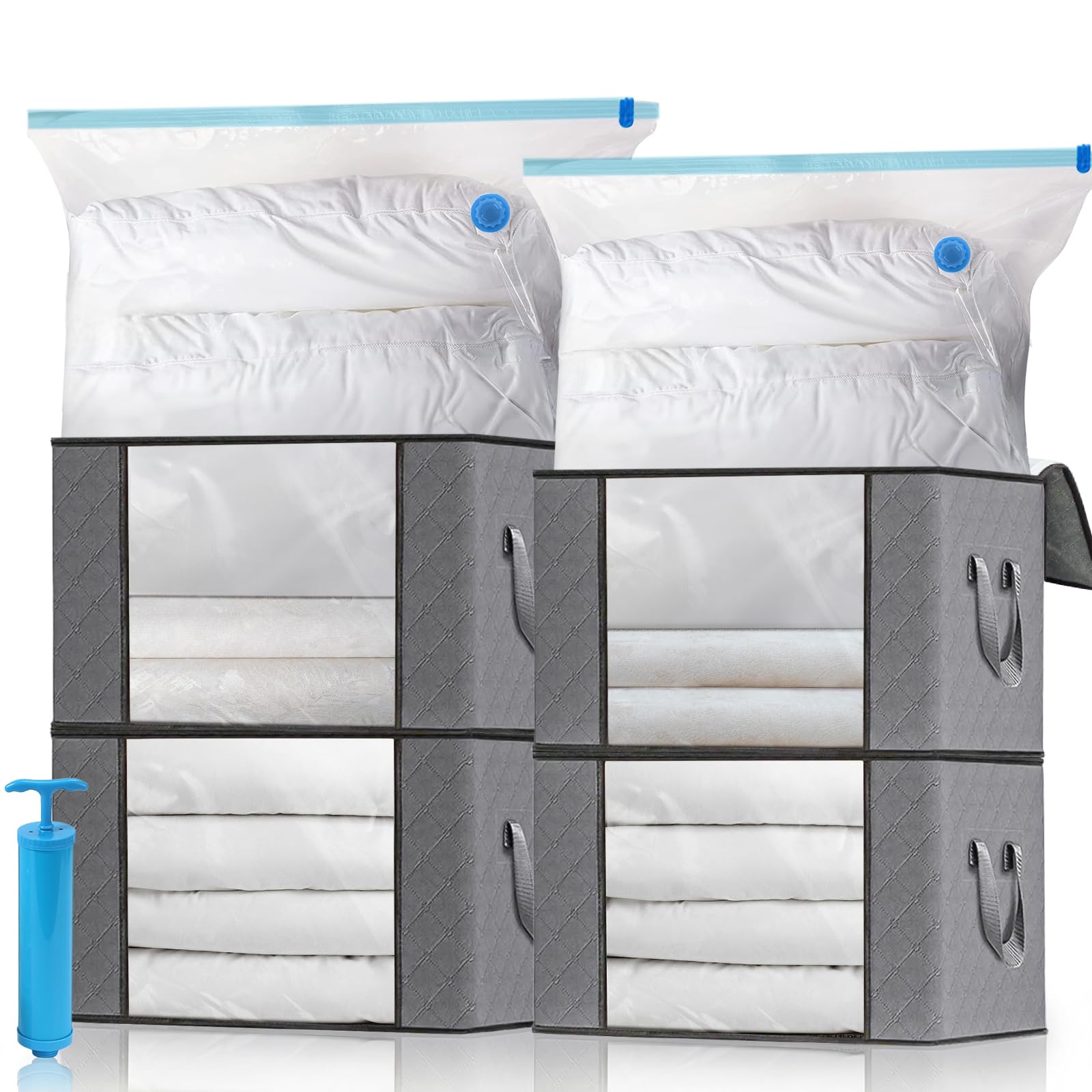 4 Pezzi Scatole per Vestiti,4 Sacchetti Sottovuoto Vestiti Salvaspazio e 1 Pompa,Scatole per Armadio Grande Capacità per Trapunte, Coperte, Biancheria da Letto
