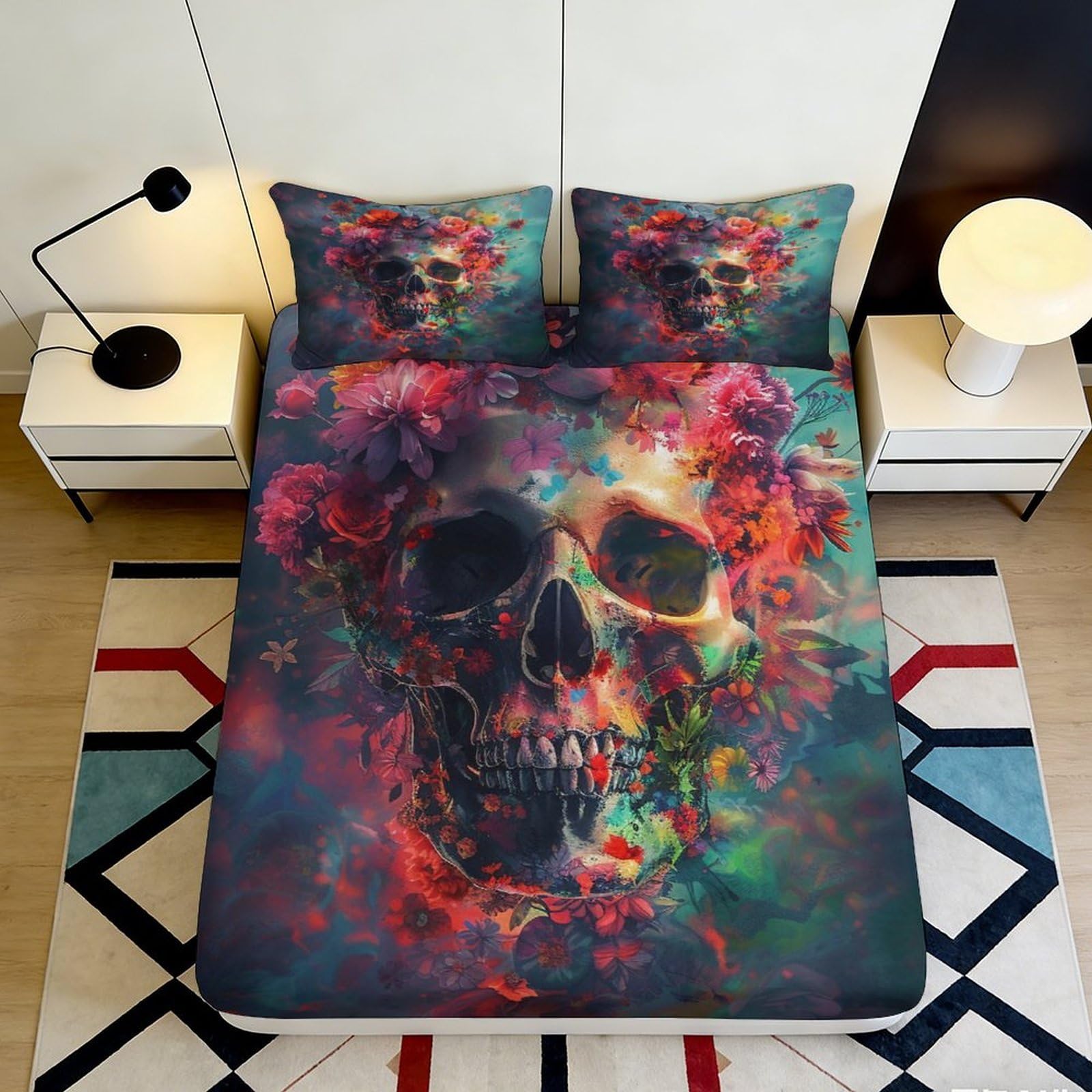 Bold Skull Fitted Sheet 3D Printed, Microfiber soft touch, Bed Cover for bedroom, home decor, easy care, apartment bedding, wrinkle resistant, 119 90x200x25cm