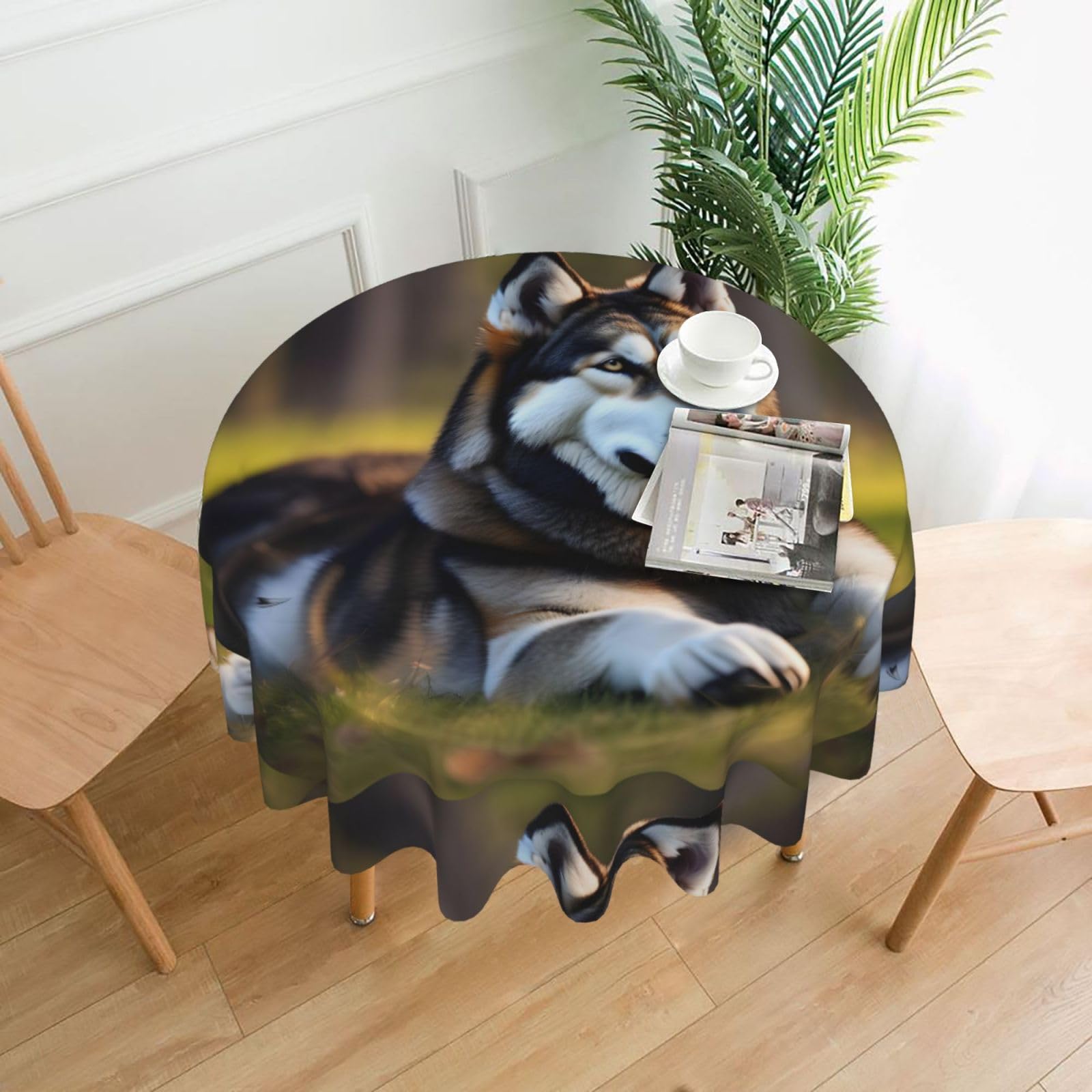 Nbtghga Husky Dog Print Tablecloth Round Border Table Cloth Cover Decorative For Party Holiday Dinning Tabletop Home