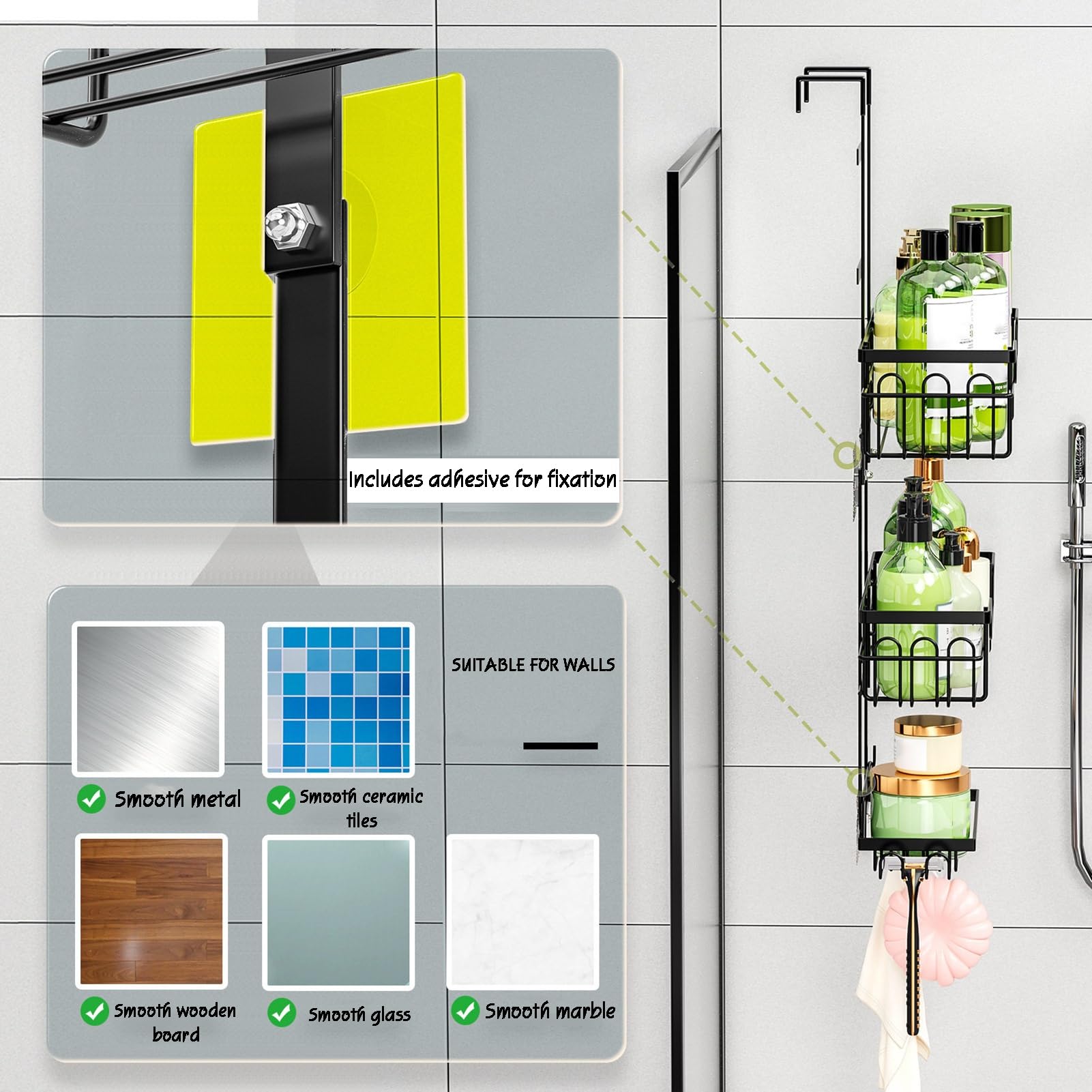Organizzatore da Porta, 3 Ripiani con cestini sospesi | Organizer da Appendere alla Porta con Tasche e Ganci, per Camera da Letto e Bagno