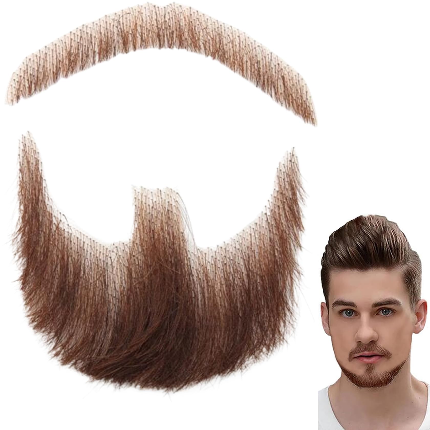 Fake Beard, Realistic Goatee Facial Hair with Invisible Lace, Faux Mustache for Men Halloween Cosplay Makeup (Style 2) Brown