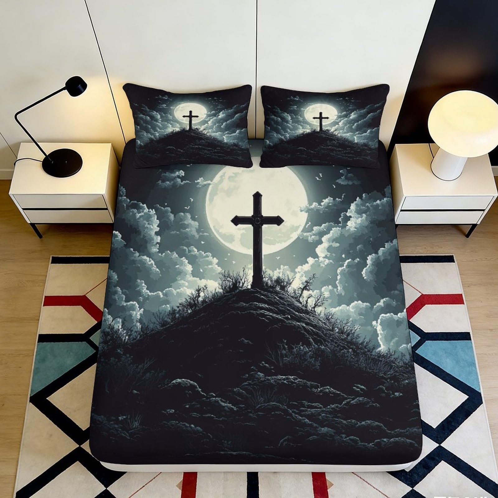 3D Printed Moonlit Cross Fitted Sheet Microfiber Dark Gothic Mattress Cover Bedroom Decor Anti-Slip Machine Washable 90x200x25cm