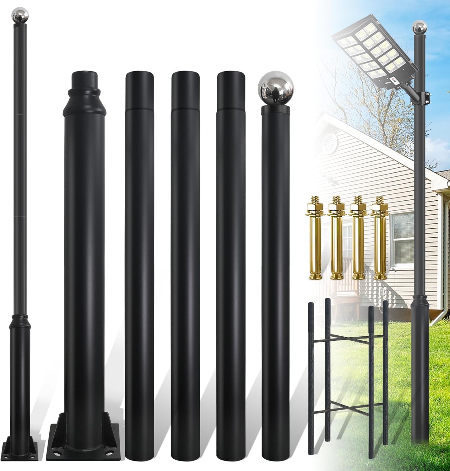 10Ft Tall Street Light Pole, Outdoor Heavy Duty Galvanized Metal Street Lamp Post with rebar Cages and Expansion Screw (10FT Black 76mm)