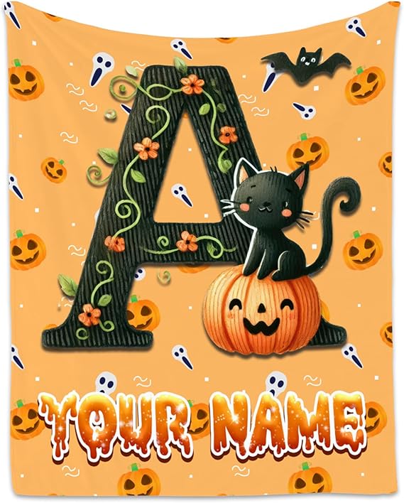 Halloween Blanket - Personalized Cat Initial Gifts for Kids - Custom Flannel Cozy Pumpkin Blankets for Halloween Decor