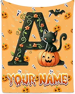 Halloween Blanket - Personalized Cat Initial Gifts for Kids - Custom Flannel Cozy Pumpkin Blankets for Halloween Decor