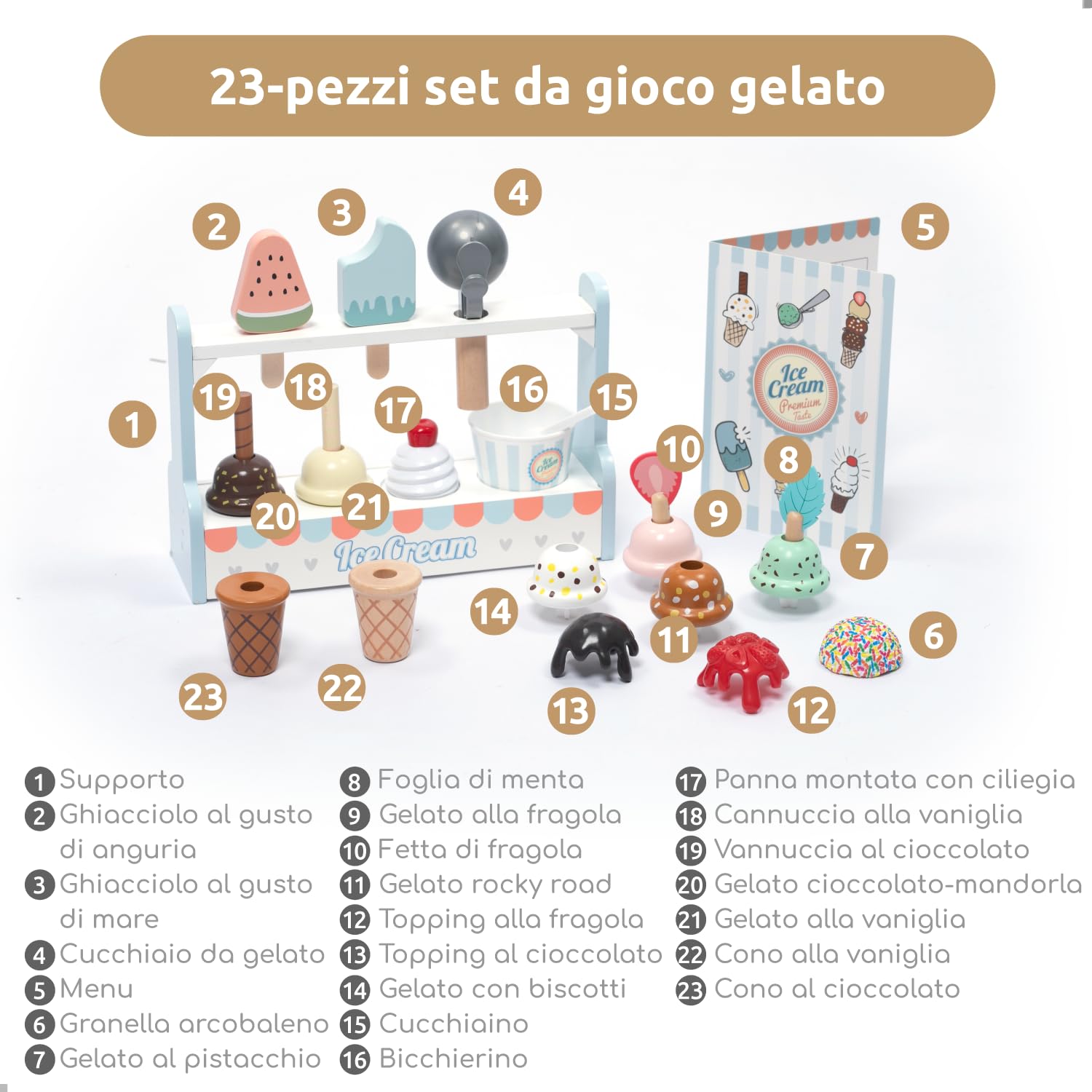 Gelateria Giocattolo In Legno UMU Per Bambini 3-6 Anni, Set Completo Con Coni, Palline E Accessori, Gioco Di Ruolo, Regalo Educativo