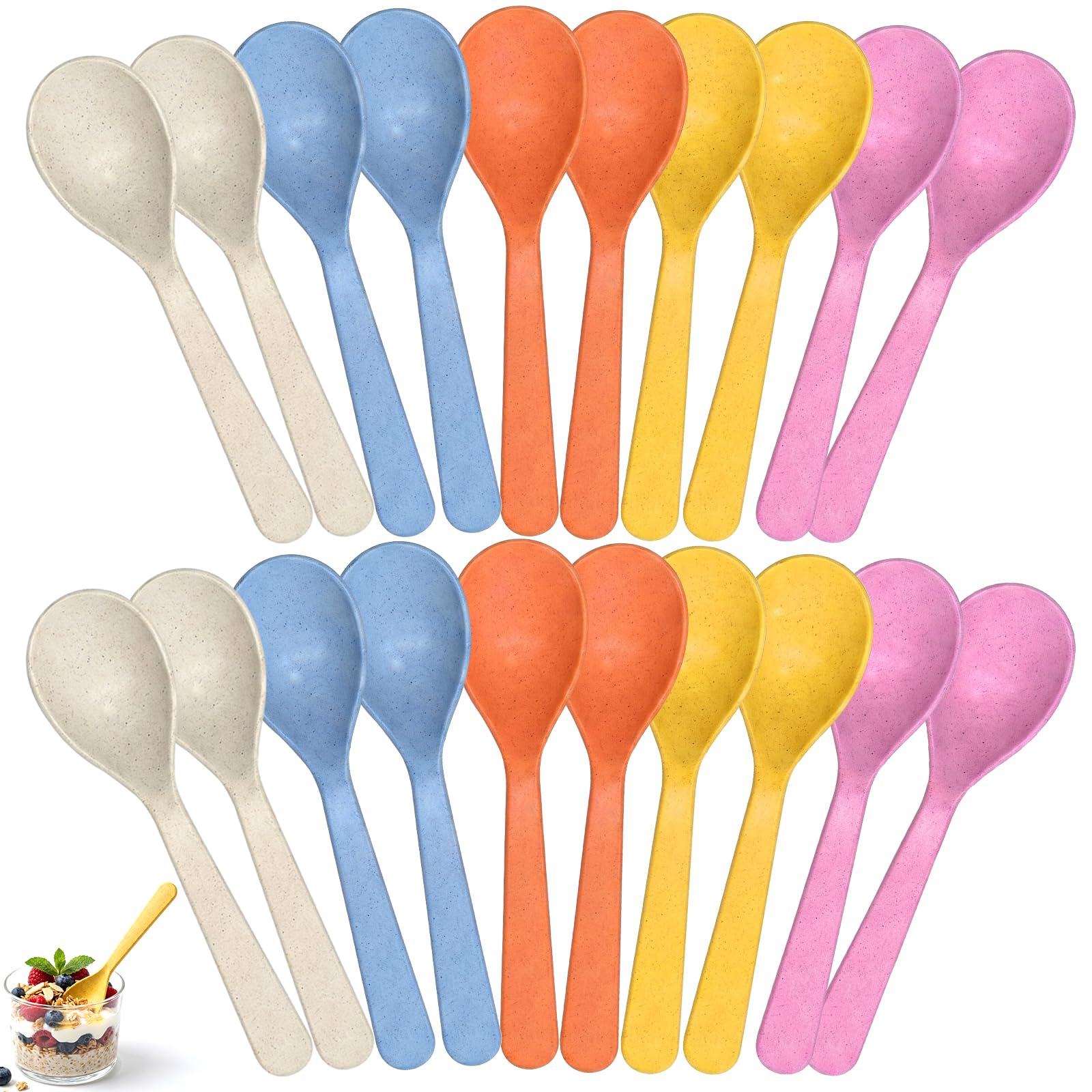 CAIYUANGUANGJIN 20 Pack Reusable Plastic Spoons, 5 Colours Wheat Fibre Teaspoons, Short Handle Dessert Spoons for Office Home Kitchen Party Camping, Dishwasher Safe Mini Spoon