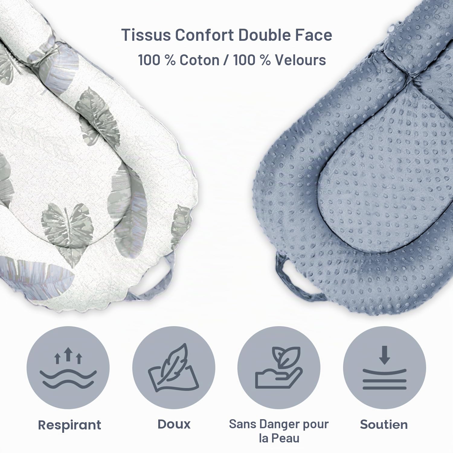 Nid bébé Babynest pour nouveau-né, 0 à 24 mois Chaise longue portable 3-en-1, coussin de ventre pliable et soutien assise bébé, housse amovible 100% coton et velours, idéal cadeau naissance