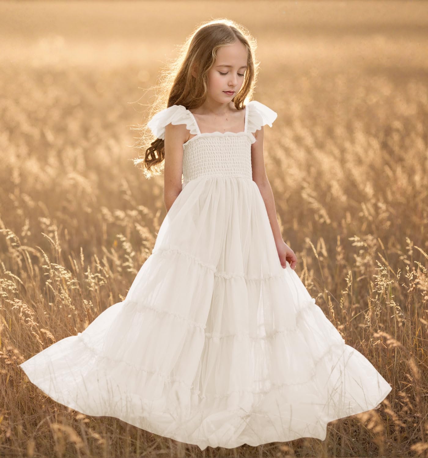 Flower Girls Dress for Wedding Boho Toddler Girls Ruffle Tulle Elegant with Sleeves Garden Party Beach Holiday - Image 7