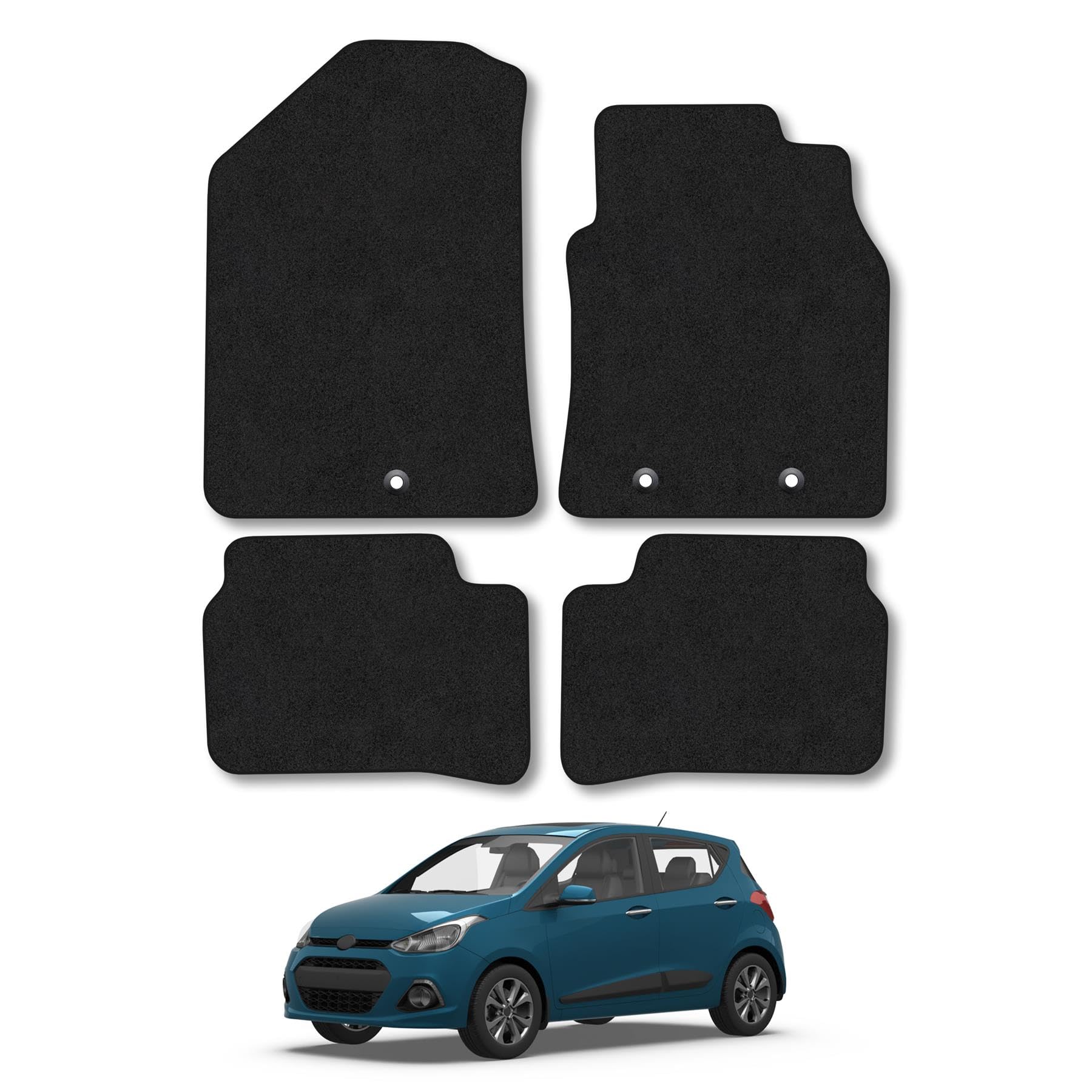 Hyundai i10 (2014-2020) Car Mats Accessories Tailored Fit Carpet Floor Mats Non Slip Black Trim Full Coverage Compatible Accessory Front Rear Set Anti Slip Granulated Backing Hand-Finished Clips