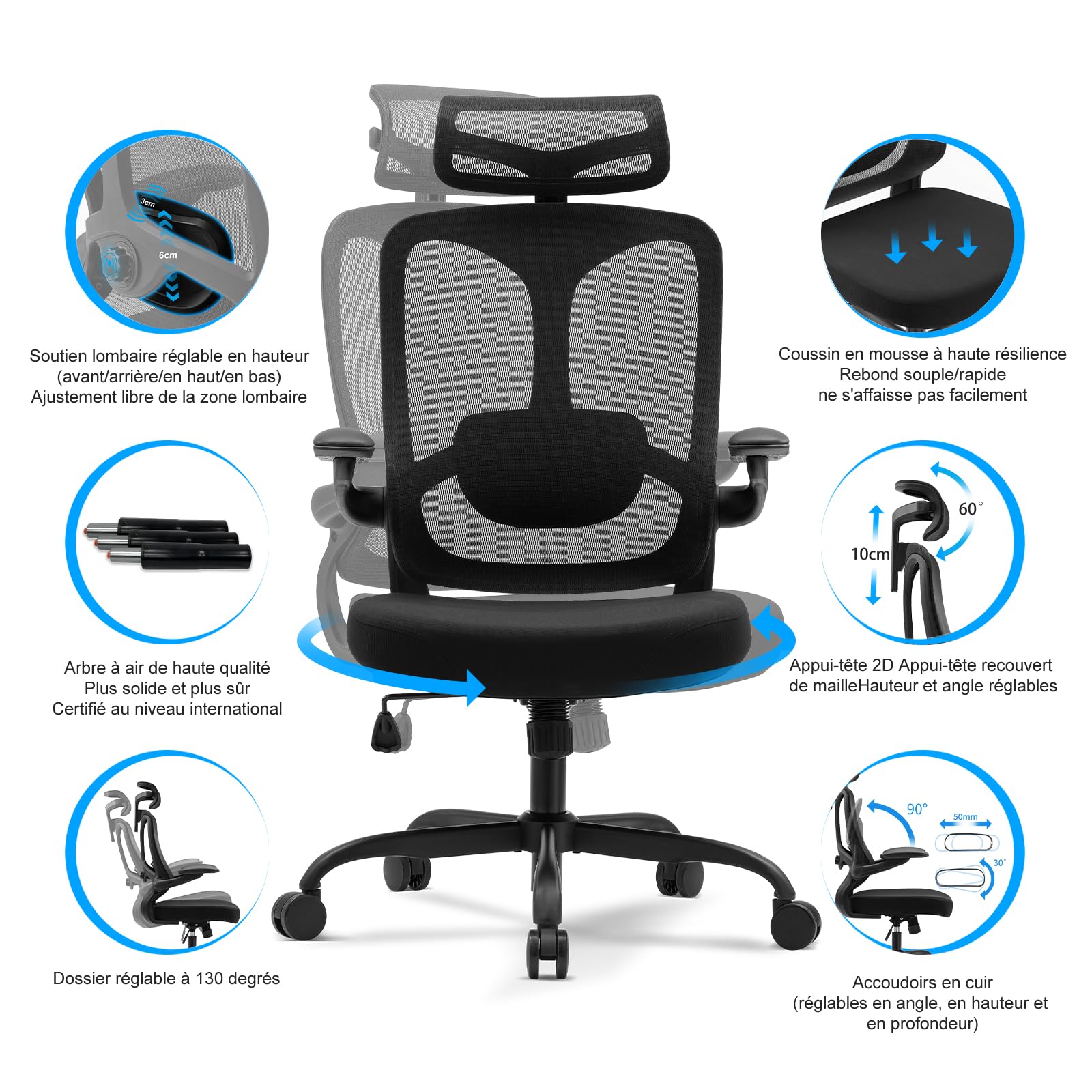 Magic Life Chaise de Bureau Ergonomique,Chaise avec Appui-tête 2D en Maille avec Dossier Haut,Support Lombaire Confortable,accoudoirs réglables (Negro)