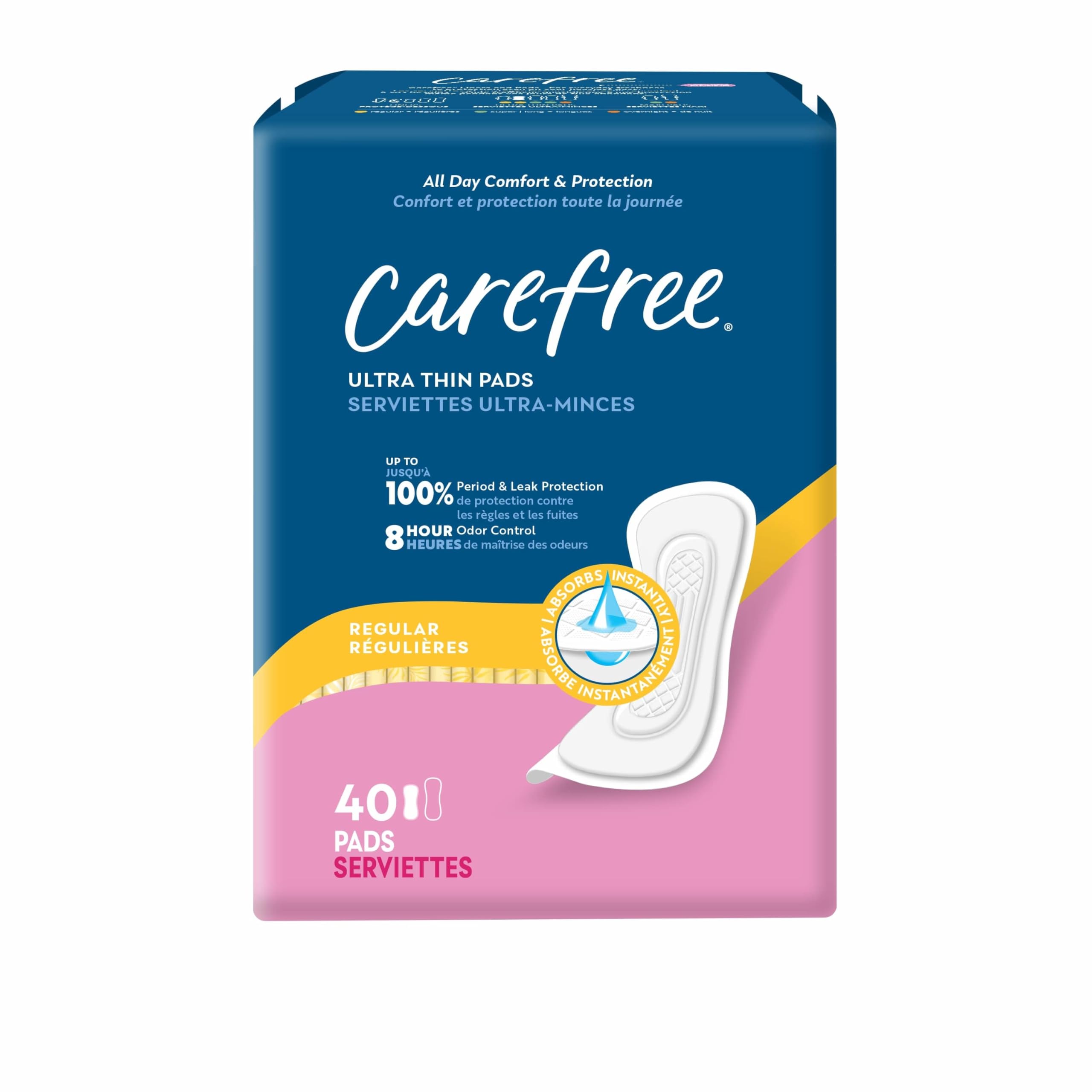 Carefree Ultra Thin Pads for Women, Regular Pads Without Wings, 40ct