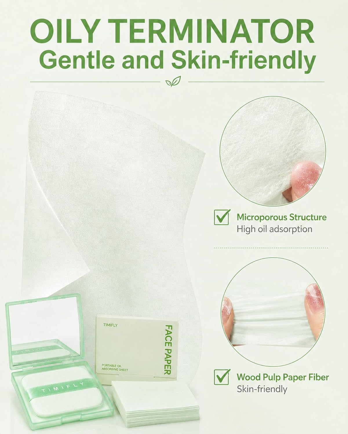 300PCS Oil blotting sheets for face,Papers with Mirror & Puff, Green Tea image 4