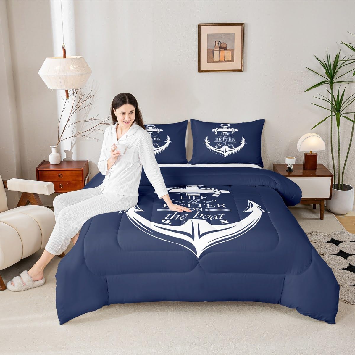 Castle Fairy Nautical Anchor Comforter Set Twin Size,Boat Life Themed Art Anchor Print Bedding Set for Kids Boys Men,Blue Ocean Themed Navy Quilted Duvet Set with 1 Pillowcase