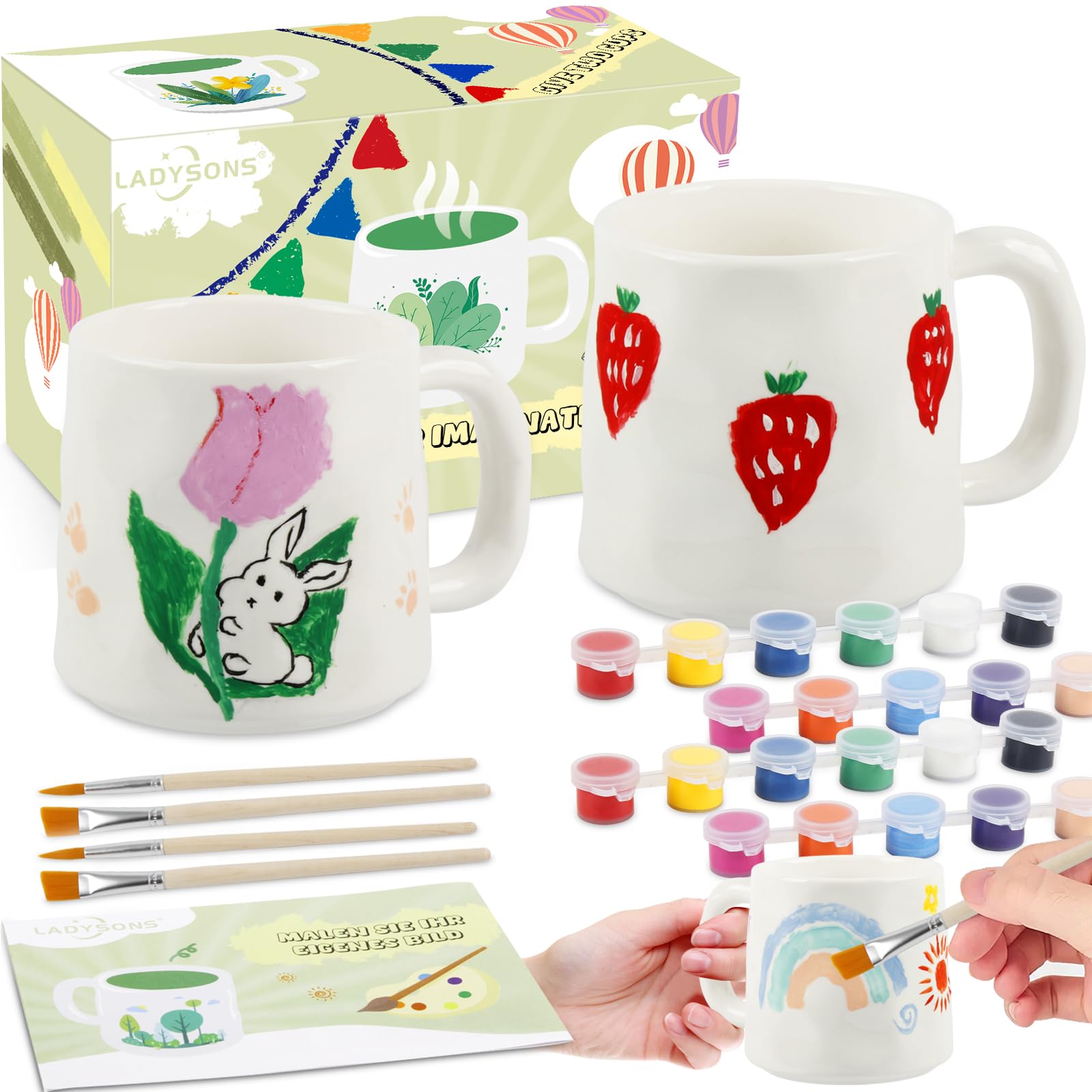 Paint Your Own Mug Set, Pottery Painting Kit for Adults, Art and Crafts Kit Includes Mugs, Brushes, Paints and Painting Inspiration Guide, Personalised Gift for All