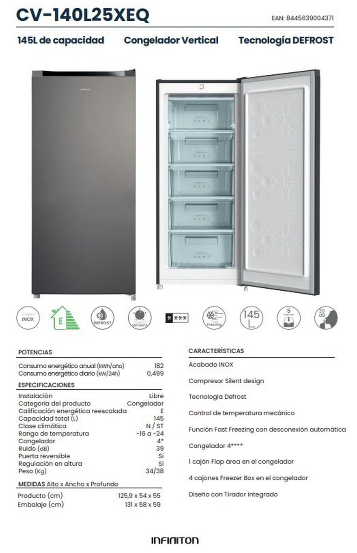 INFINITON Congelador Vertical CV-140L25XEQ, 145 Litros, E, Función Fast Freezing, Congelador 4****, cajón Flap, Tirador integrado, Puerta reversible, Inox