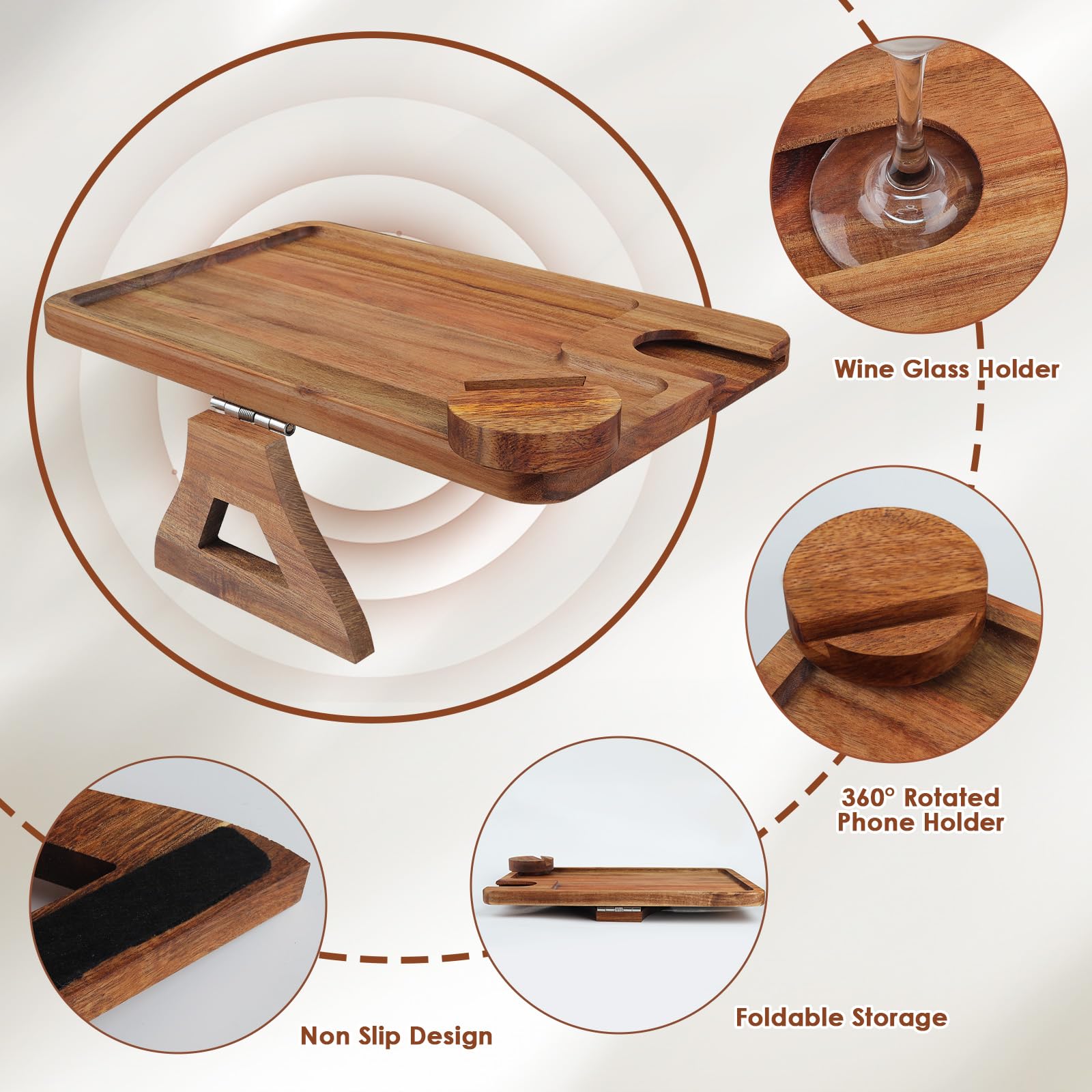Comfoyar Bandeja Brazo Sofá, Madera Mesa Reposabrazos Sofá de Clip con Soporte Copas Vino, Mesa Plegable Sofa con Soporte Teléfono Giratorio 360°, Bandeja Sofa para Aperitivo Bebida Mando a Distancia