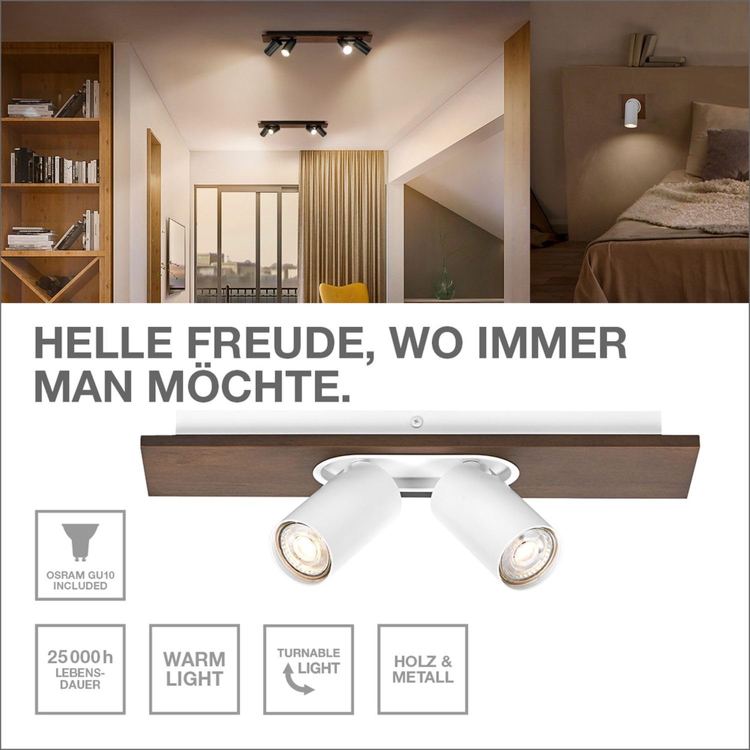 Osram DECOR Spot Mercury, 4 x 3,4 W, 920 lm, effetto legno, bianco, faretto, teste regolabili, versatili, faretto interno, lampadine LED sostituibili, luce bianca calda, GU10