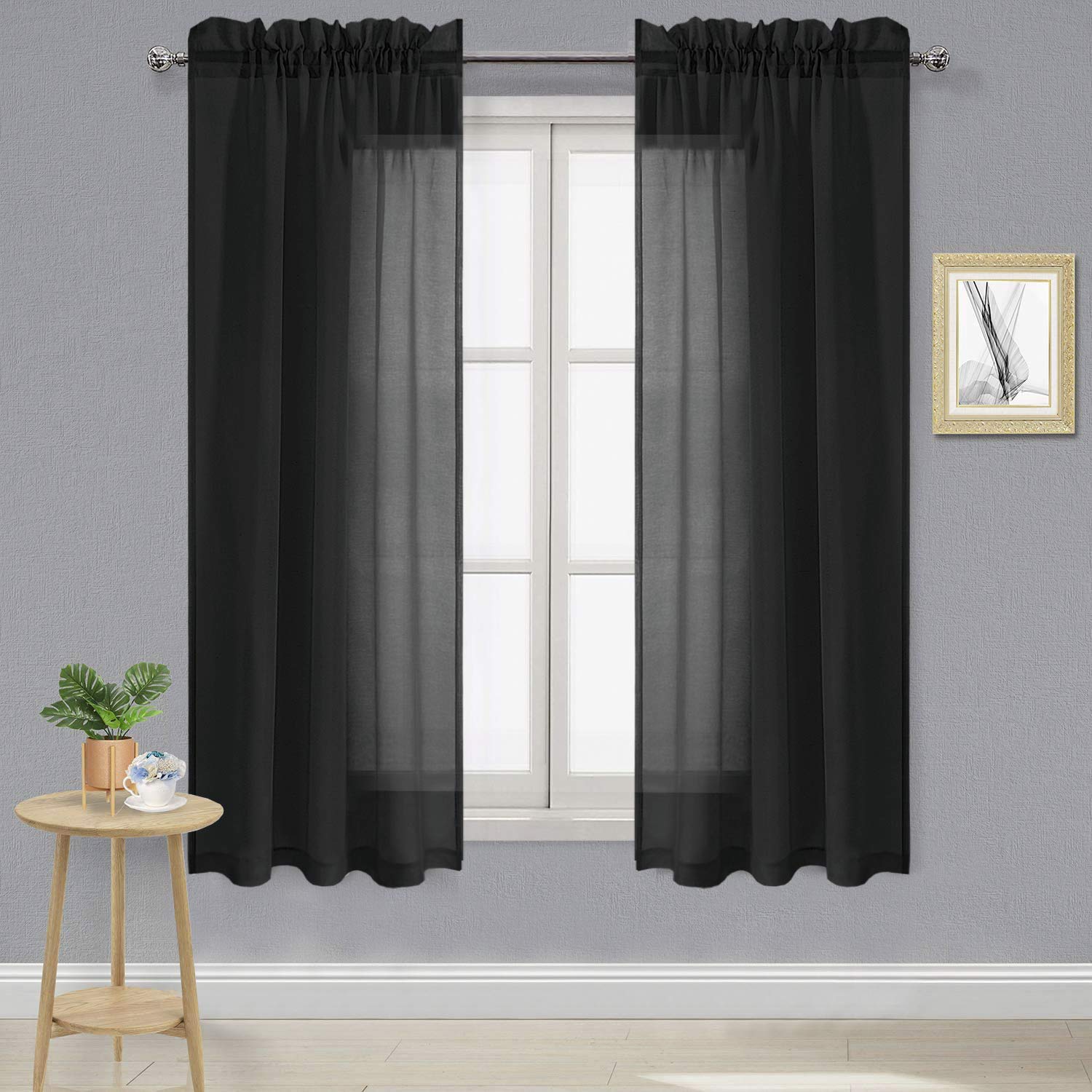 DWCN Black Sheer Curtains Semi Transparent Voile Rod Pocket Curtains for Bedroom and Living Room, 42 x 72 inches Long, Set of 2 Panels — image 1