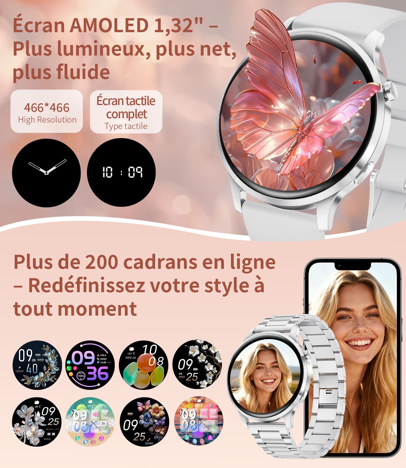SUNKTA Montre Connectée Femme 7,9mm Ultrafin 1,32" AMOLED Appel Bluetooth Acier Elegant Smartwatch pour Android iOS,Fréquence Cardiaque,Moniteur de Sommeil,Podomètre,Calories,100+ Mode Sport,Argent